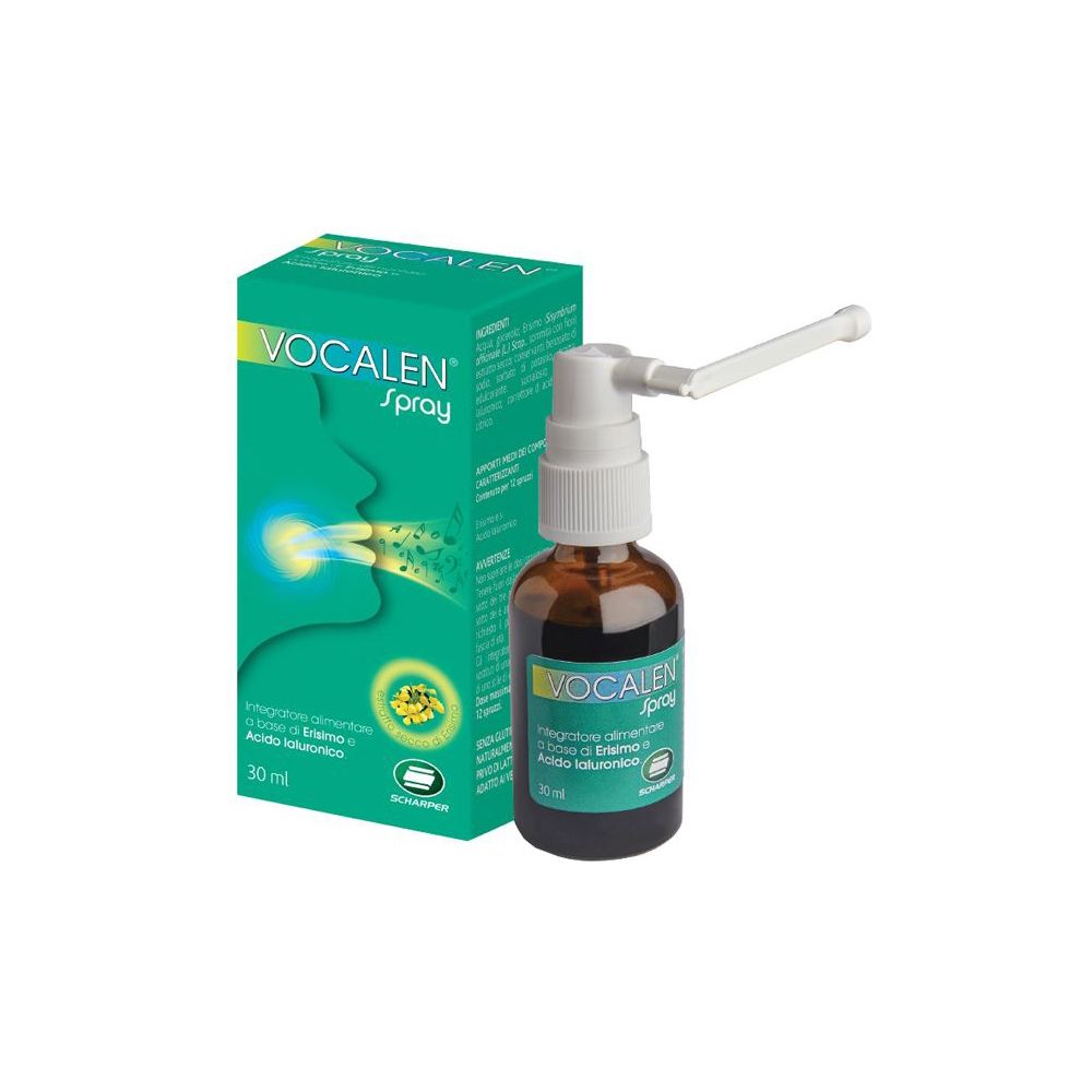 Flacone in vetro marrone con spray e scatola. Scritta: VOCALEN Spray, 30 ml. Confezione verde e bianca.