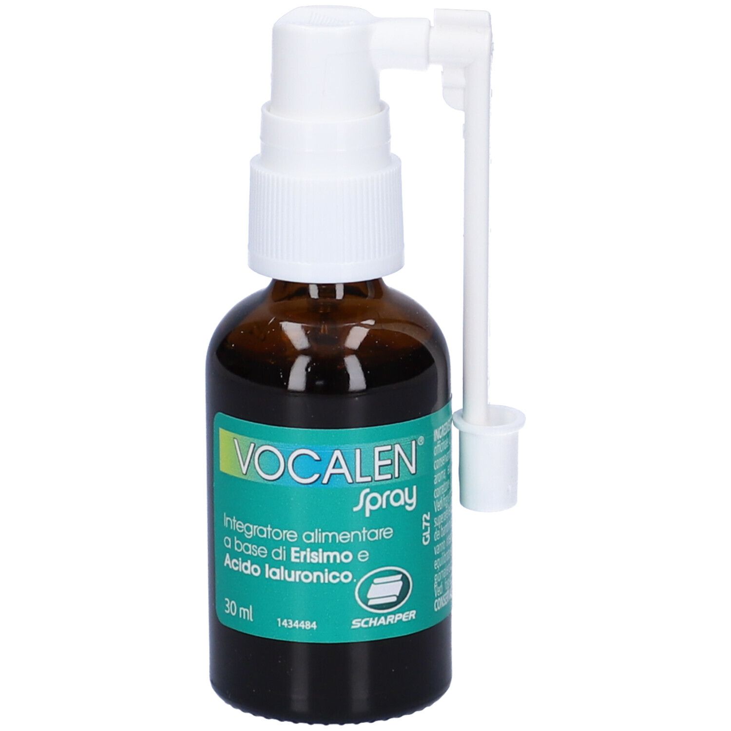 Flacone in vetro marrone con spray. Scritta: VOCALEN Spray. Contiene acido ialuronico. Con erogatore bianco.