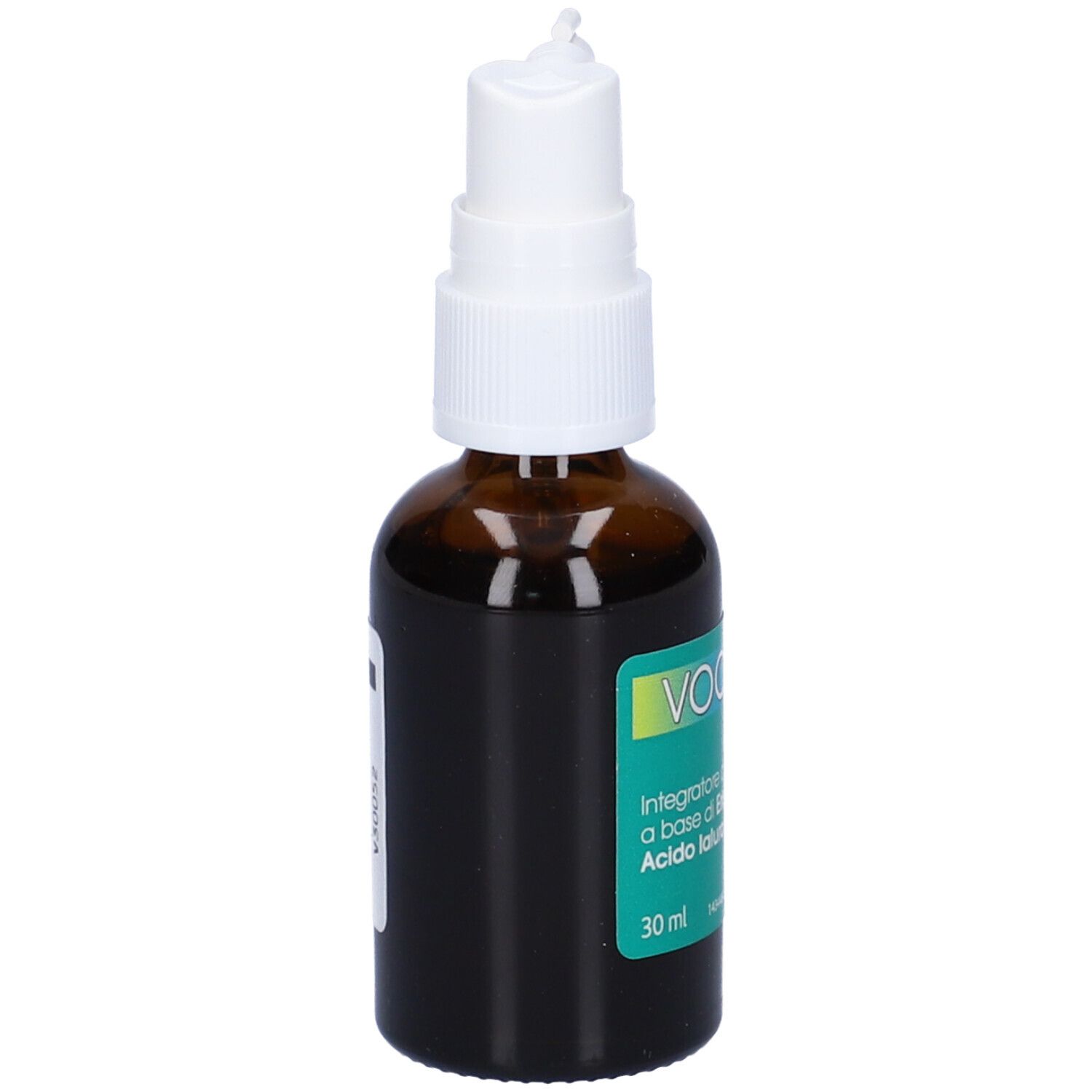 Flacone in vetro marrone con spray. Scritta: VOCALEN Spray. Contiene acido ialuronico. Con erogatore bianco.