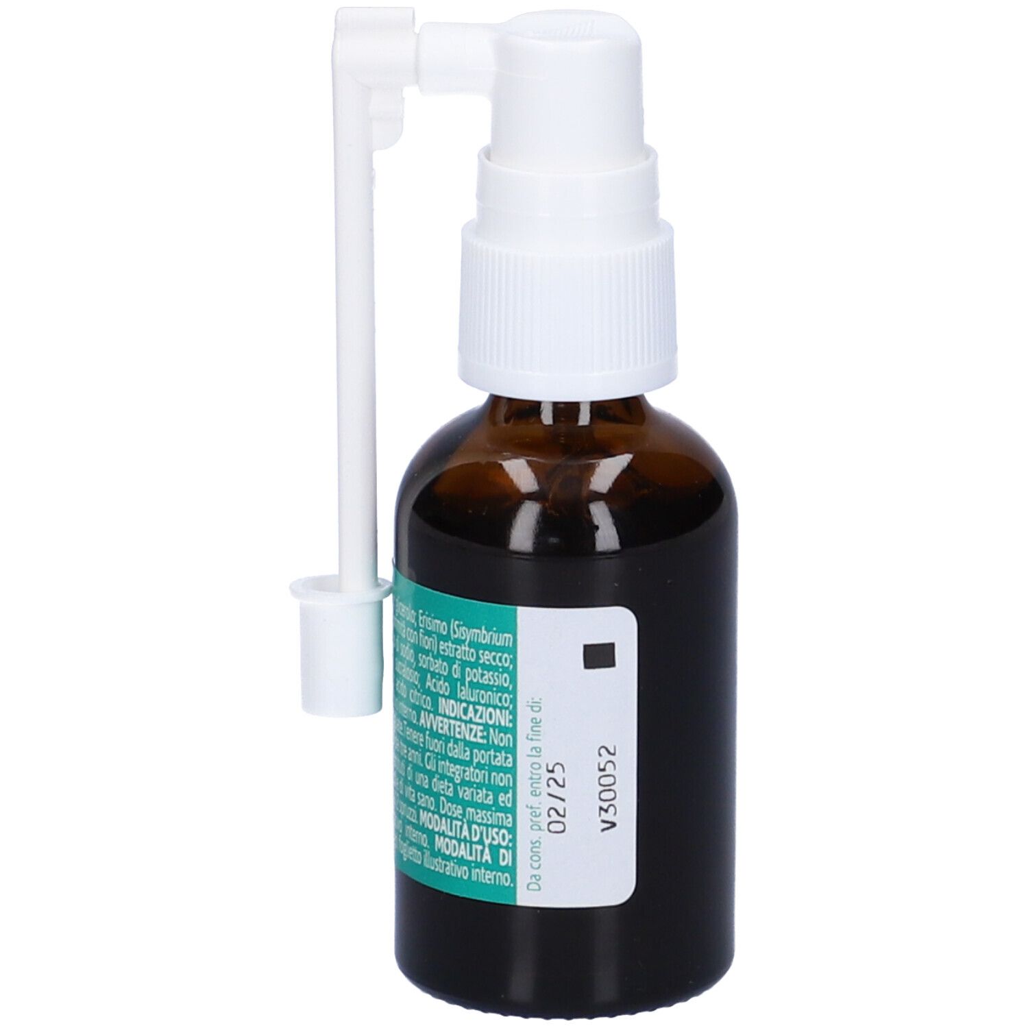 Flacone in vetro marrone con spray. Scritta: VOCALEN Spray. Contiene acido ialuronico. Con erogatore bianco.