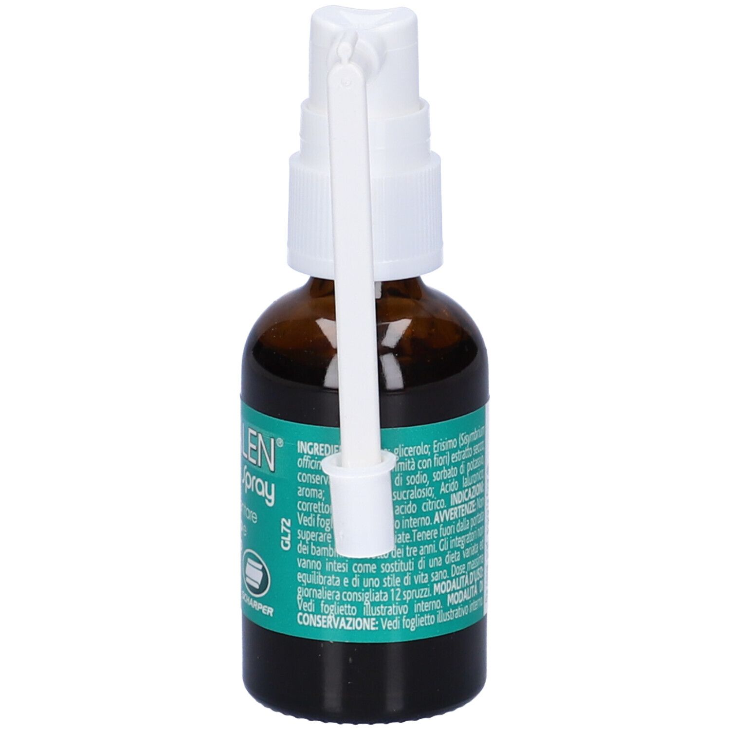 Flacone in vetro marrone con spray. Scritta: VOCALEN Spray. Contiene acido ialuronico. Con erogatore bianco.