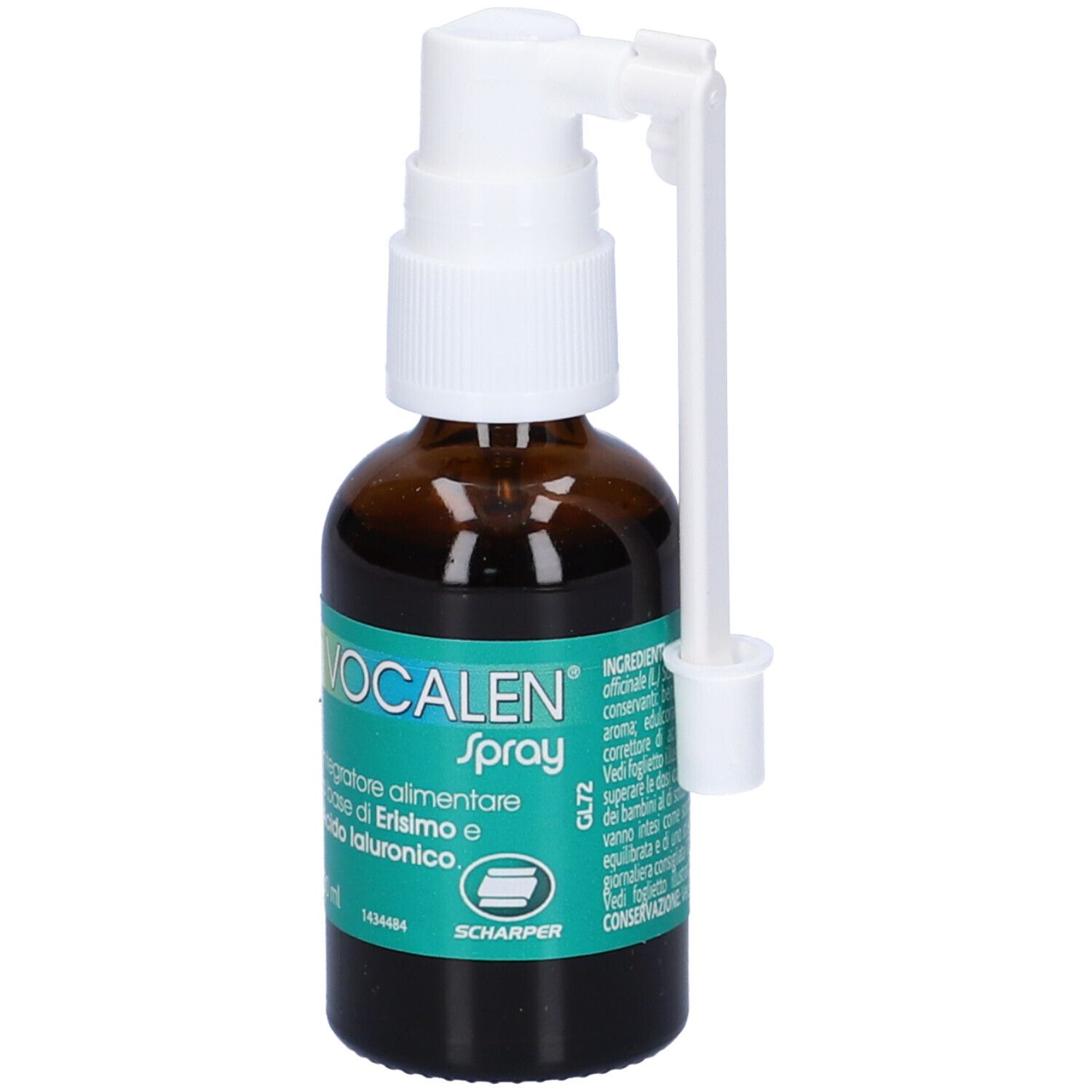 Flacone in vetro marrone con spray. Scritta: VOCALEN Spray. Contiene acido ialuronico. Con erogatore bianco.