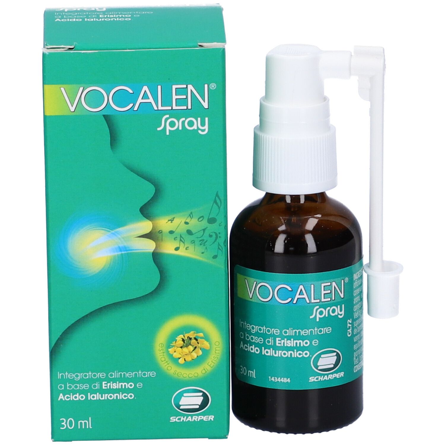 Flacone in vetro marrone con spray e scatola. Scritta: VOCALEN Spray, 30 ml. Confezione verde e bianca.