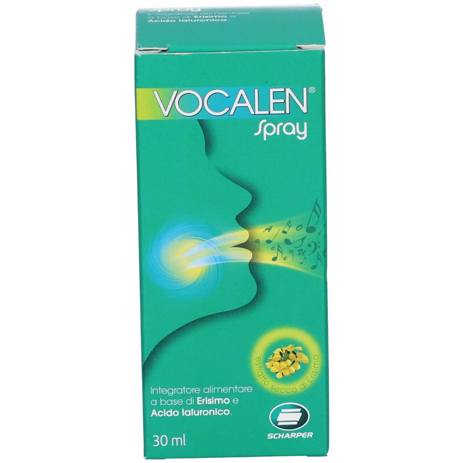 Confezione verde con scritta: VOCALEN Spray, 30 ml. Contiene acido ialuronico. Illustrazione di una bocca.