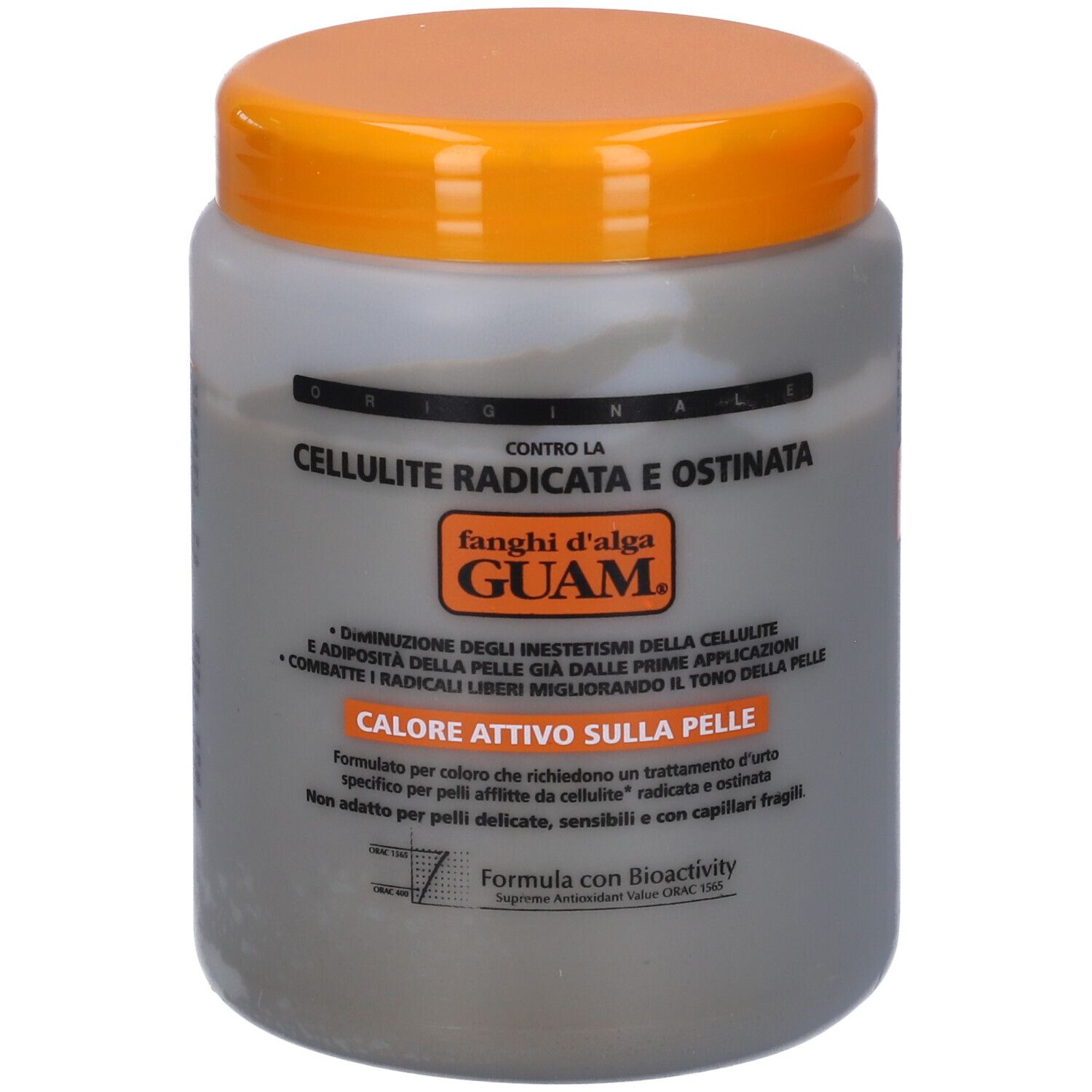 Vaso grigio con coperchio arancione. Testo: GUAM, Fanghi d'alga, Cellulite Radicata. Formula con Bioattività.