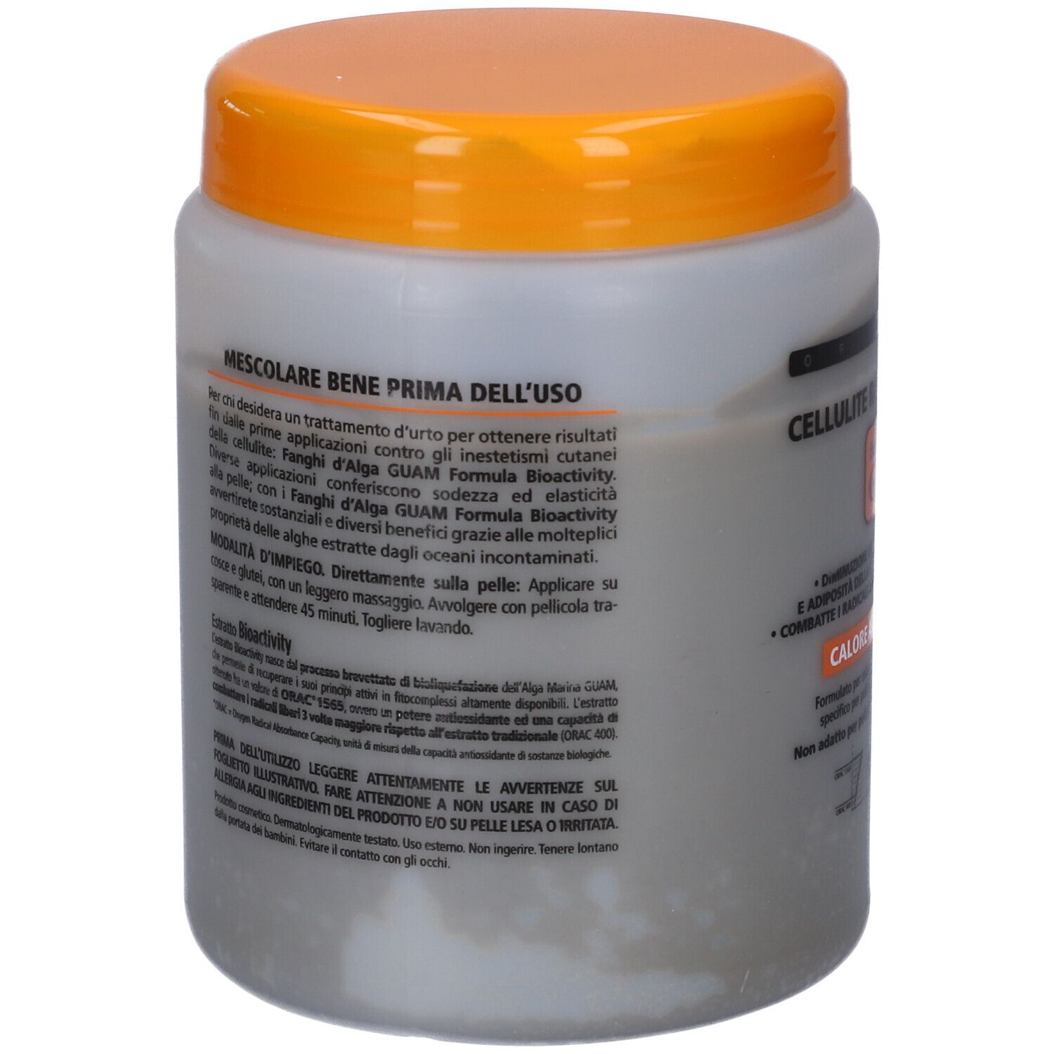 Vaso grigio con coperchio arancione. Testo: GUAM, Cellulite Radicata. Retro con testo e ingredienti.