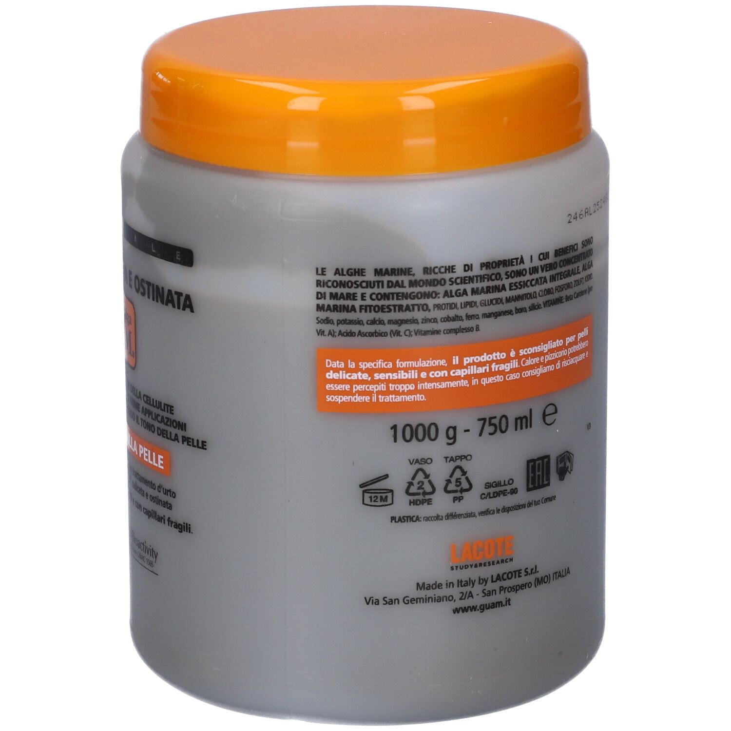 Vaso grigio con coperchio arancione. Testo: GUAM, Cellulite Radicata. Retro con testo e ingredienti.
