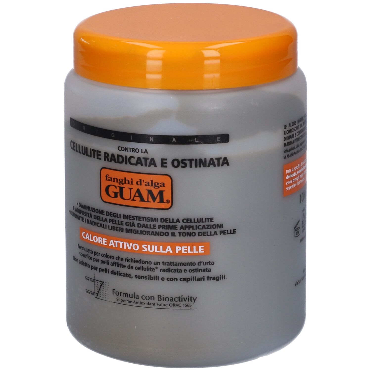 Vaso grigio con coperchio arancione. Testo: GUAM, Fanghi d'alga, Cellulite Radicata. Formula con Bioattività.