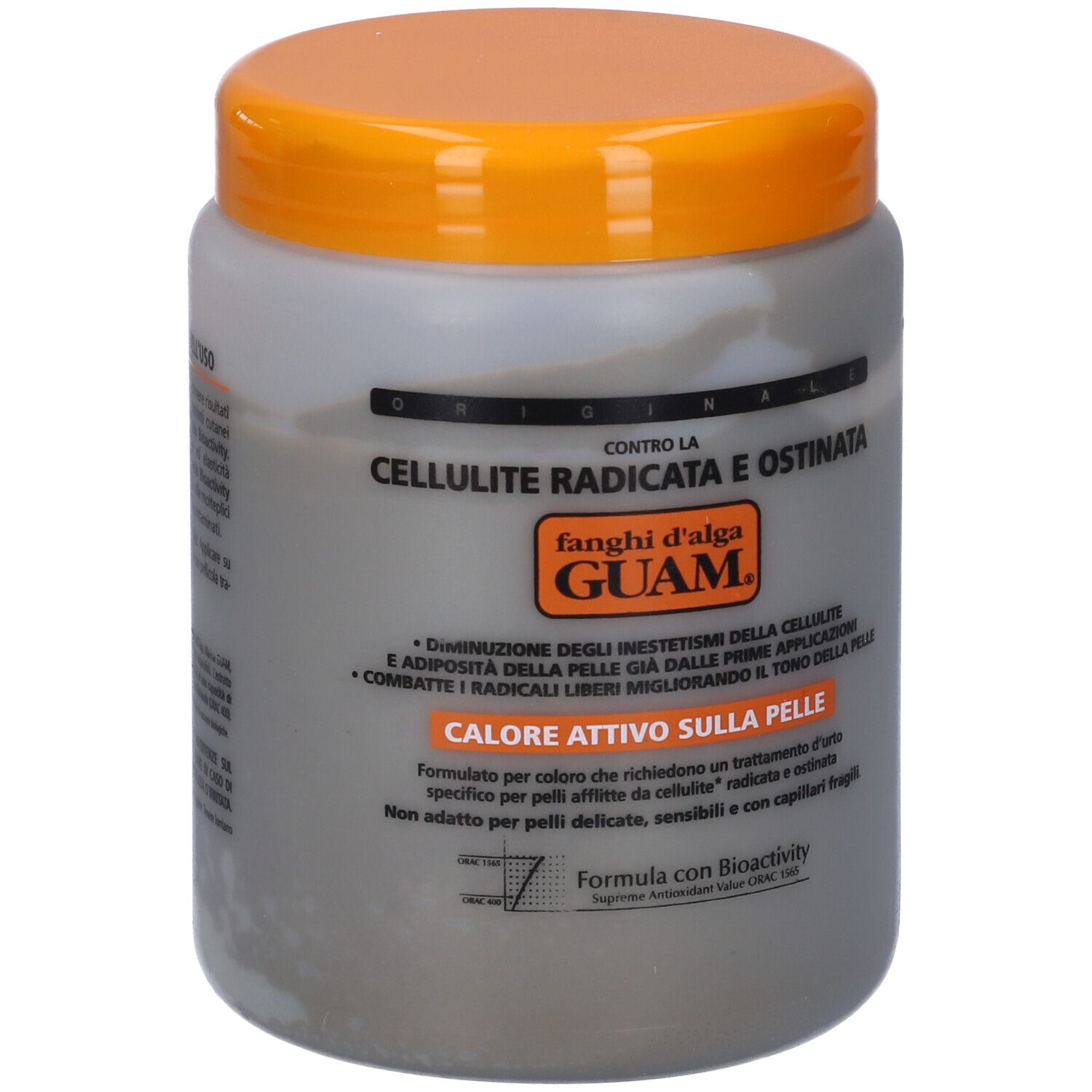 Vaso grigio con coperchio arancione. Testo: GUAM, Fanghi d'alga, Cellulite Radicata. Formula con Bioattività.
