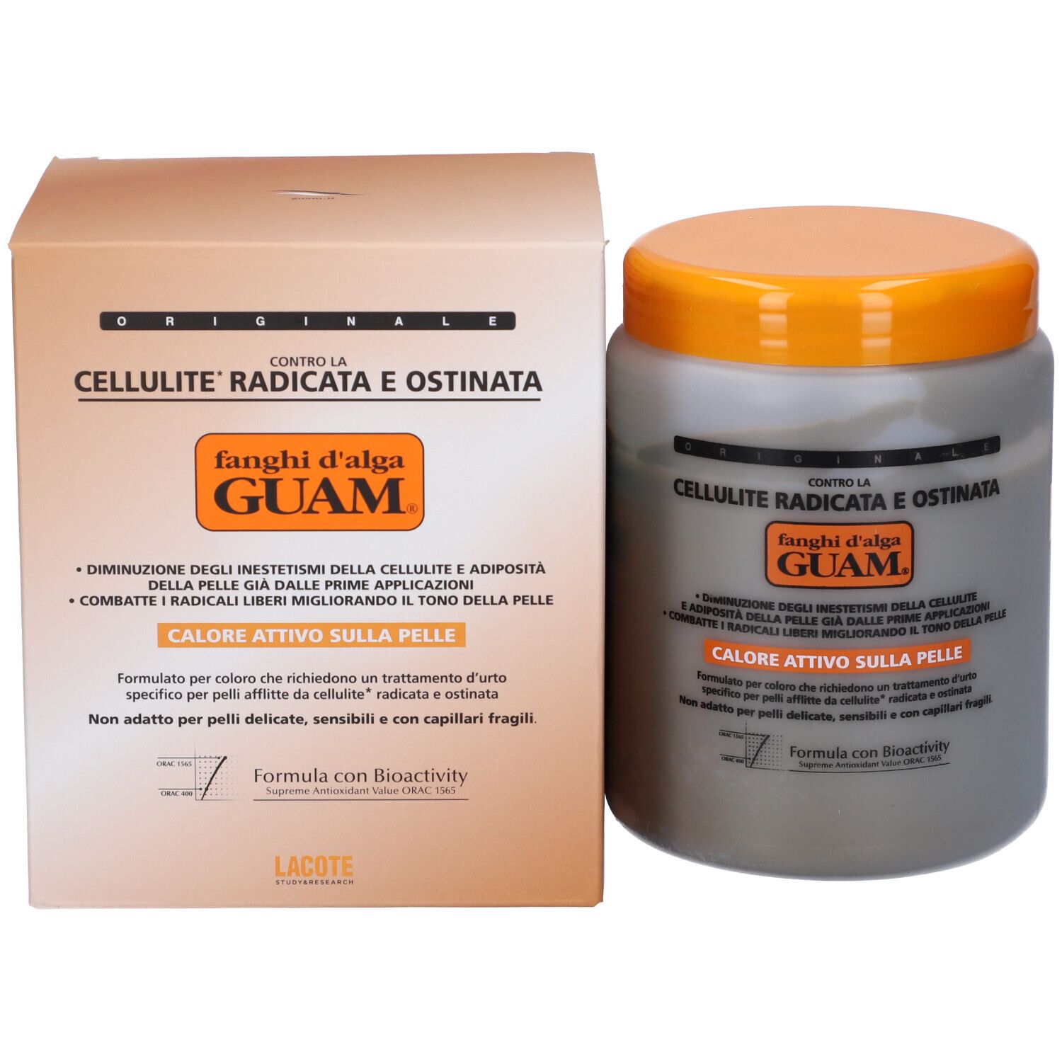 Scatola e barattolo beige. Barattolo con coperchio arancione, corpo grigio. Testo: GUAM, Fanghi d'alga, Cellulite Radicata.
