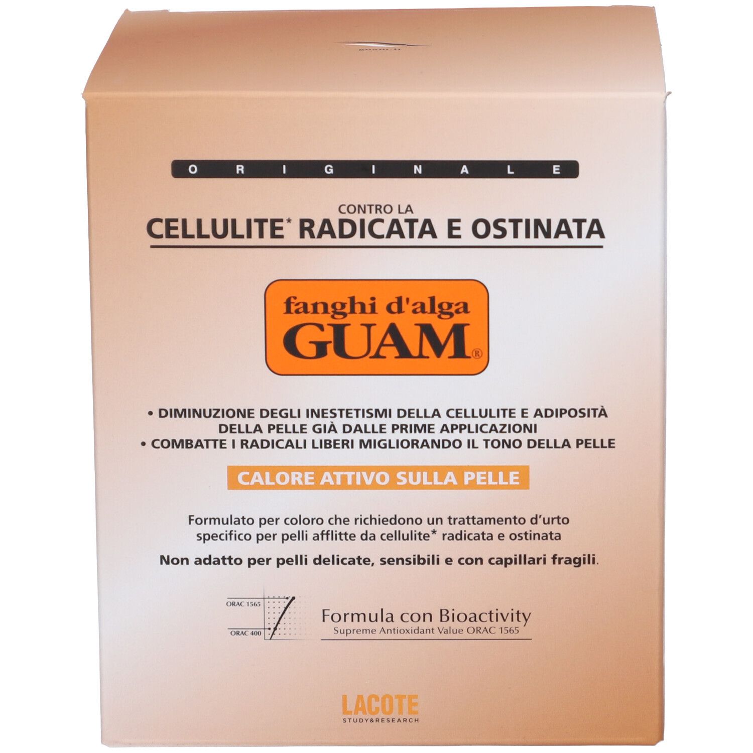 Scatola beige. Testo: GUAM, Fanghi d'alga, Cellulite Radicata. Formula con Bioattività.