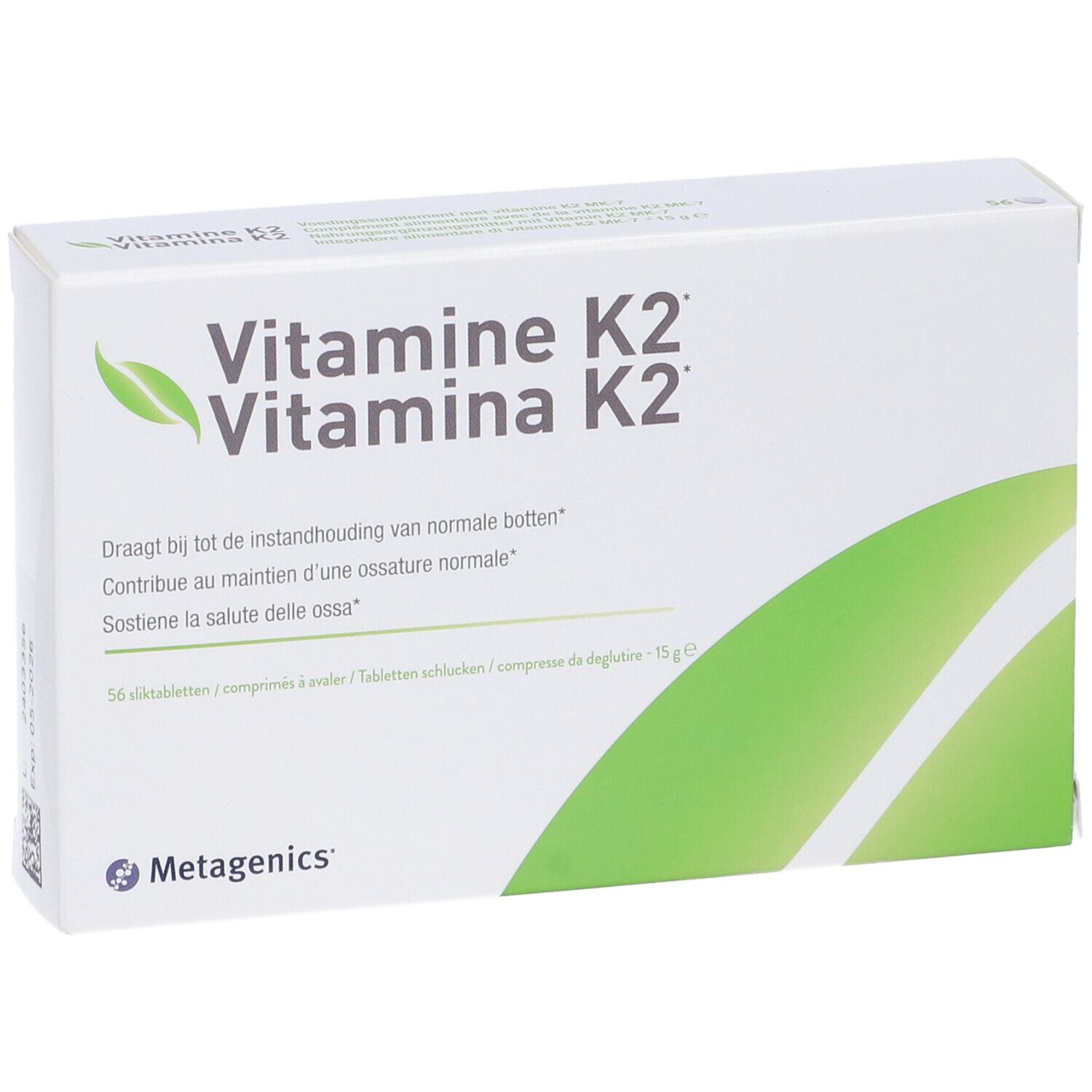 Scatola bianca con dettagli verdi. Scritta: Vitamine K2. Marchio: Metagenics. Contiene 56 compresse.