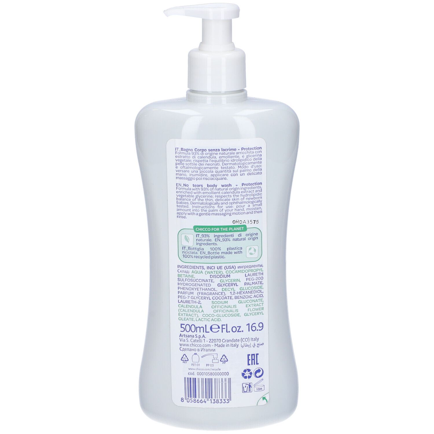 Retro del flacone bianco con dosatore. Scritte: Chicco Baby Moments, Bagno Corpo, Protection, Body Wash. Ingredienti, 500ml, 16.9 fl.oz.
