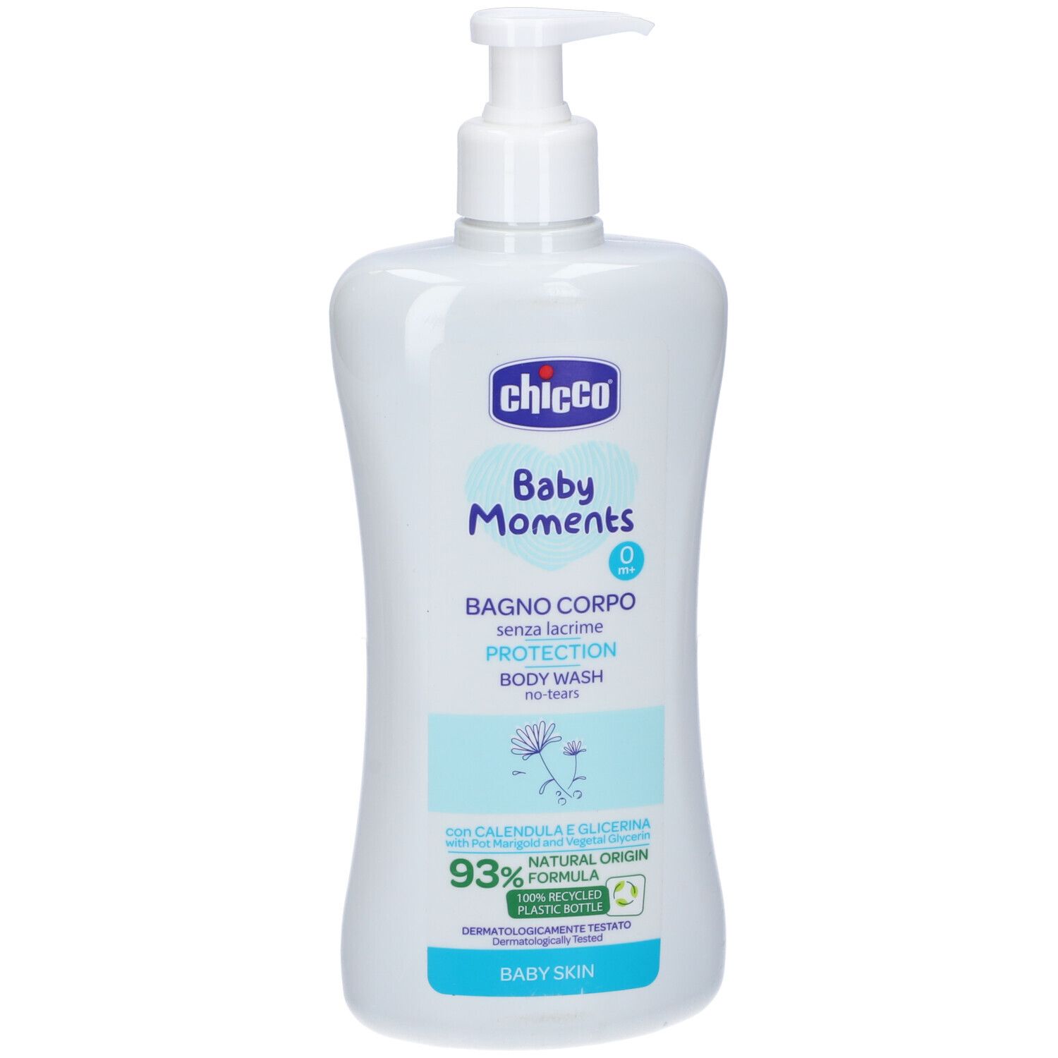 Flacone bianco con dosatore. Scritte: Chicco Baby Moments, Bagno Corpo, Protection, Body Wash. 93% ingredienti di origine naturale.