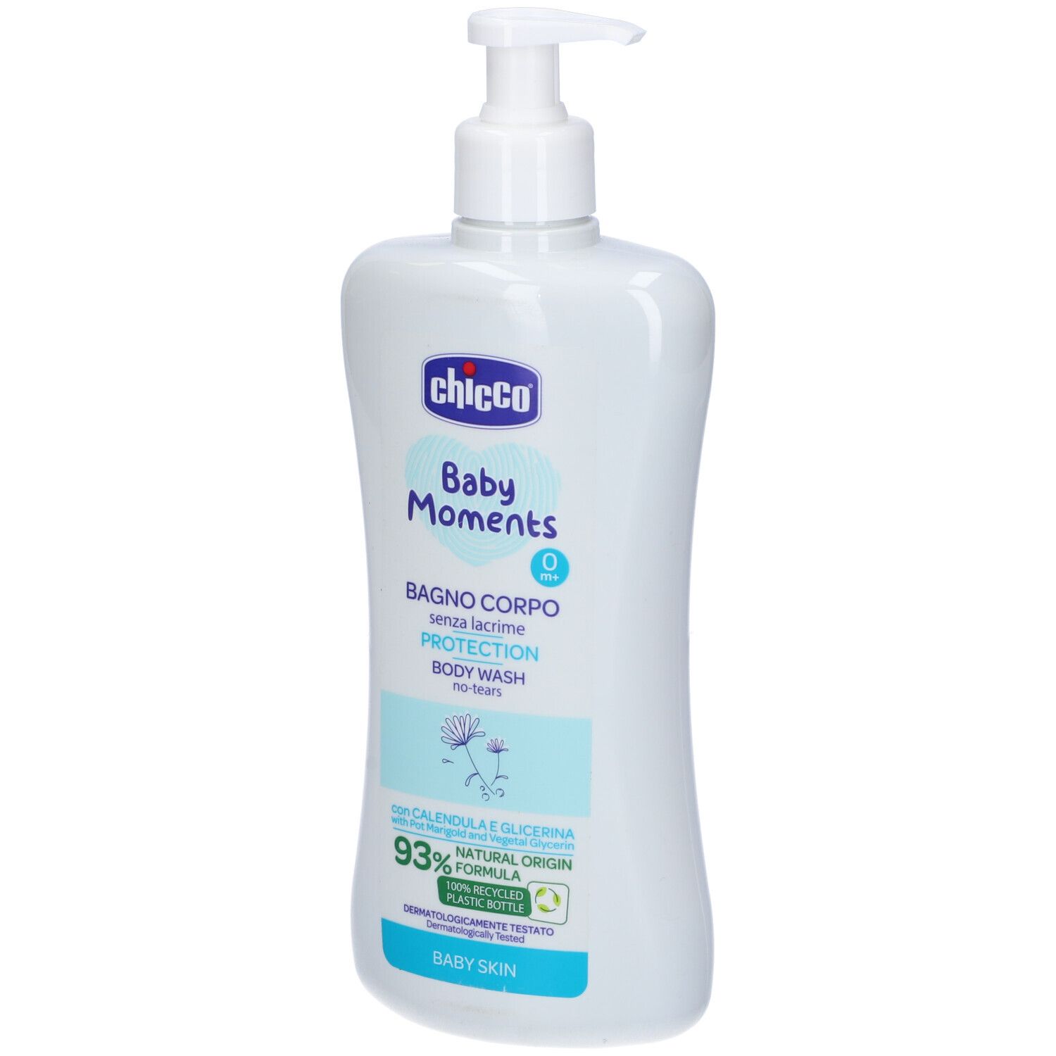 Flacone bianco con dosatore. Scritte: Chicco Baby Moments, Bagno Corpo, Protection, Body Wash. 93% ingredienti di origine naturale.