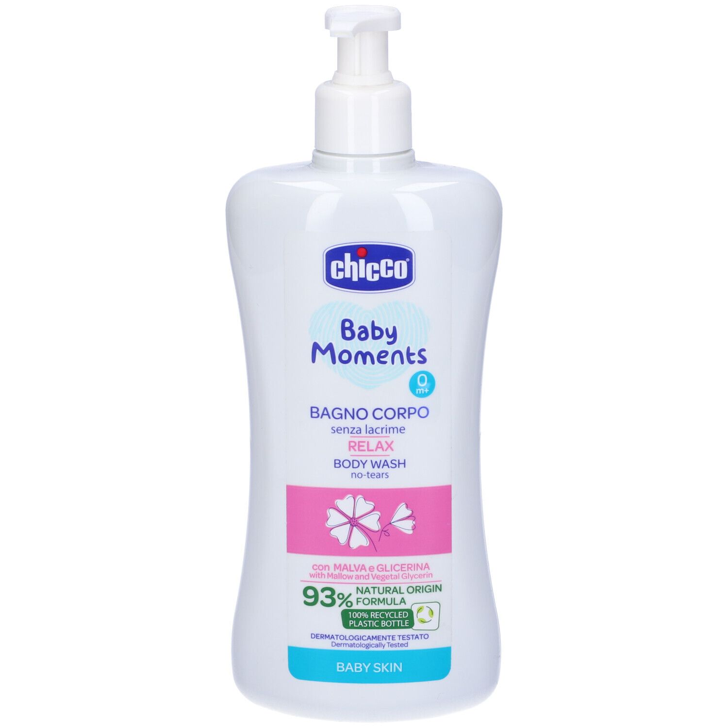 Dispenser bianco con pompa. Scritta: Chicco Baby Moments Bagno Corpo Relax. Formula naturale al 93%. Baby Skin.