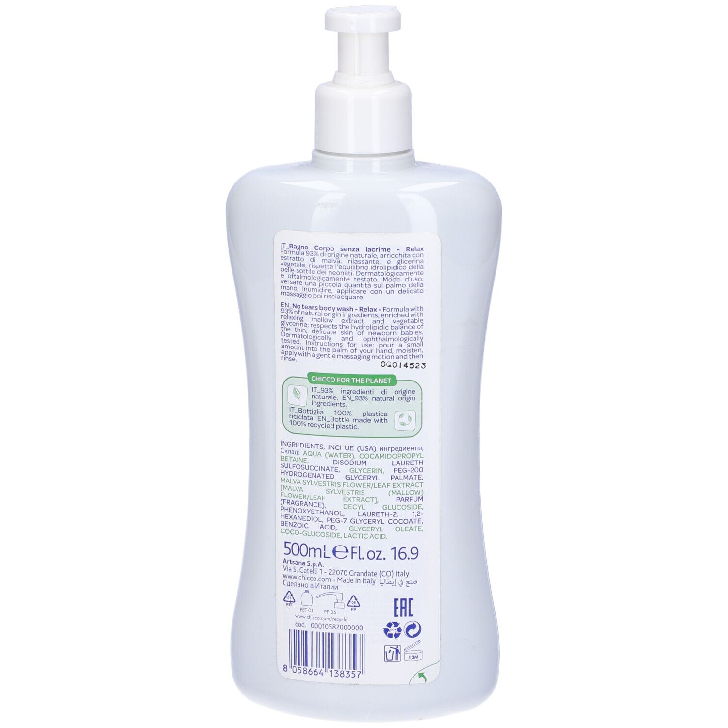 Retro di un dispenser bianco con pompa. Testo: ingredienti, 500ml, 16.9 fl.oz. Logo: Per il pianeta. Codice EAN.