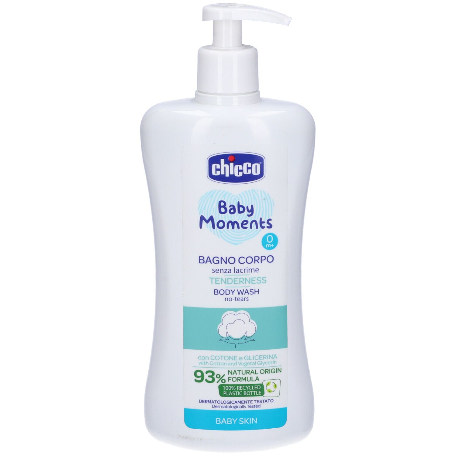 Flacone bianco con dosatore. Scritta: Chicco Baby Moments, Bagno Corpo, Tenderness, Body Wash. 93% Natural Origin.