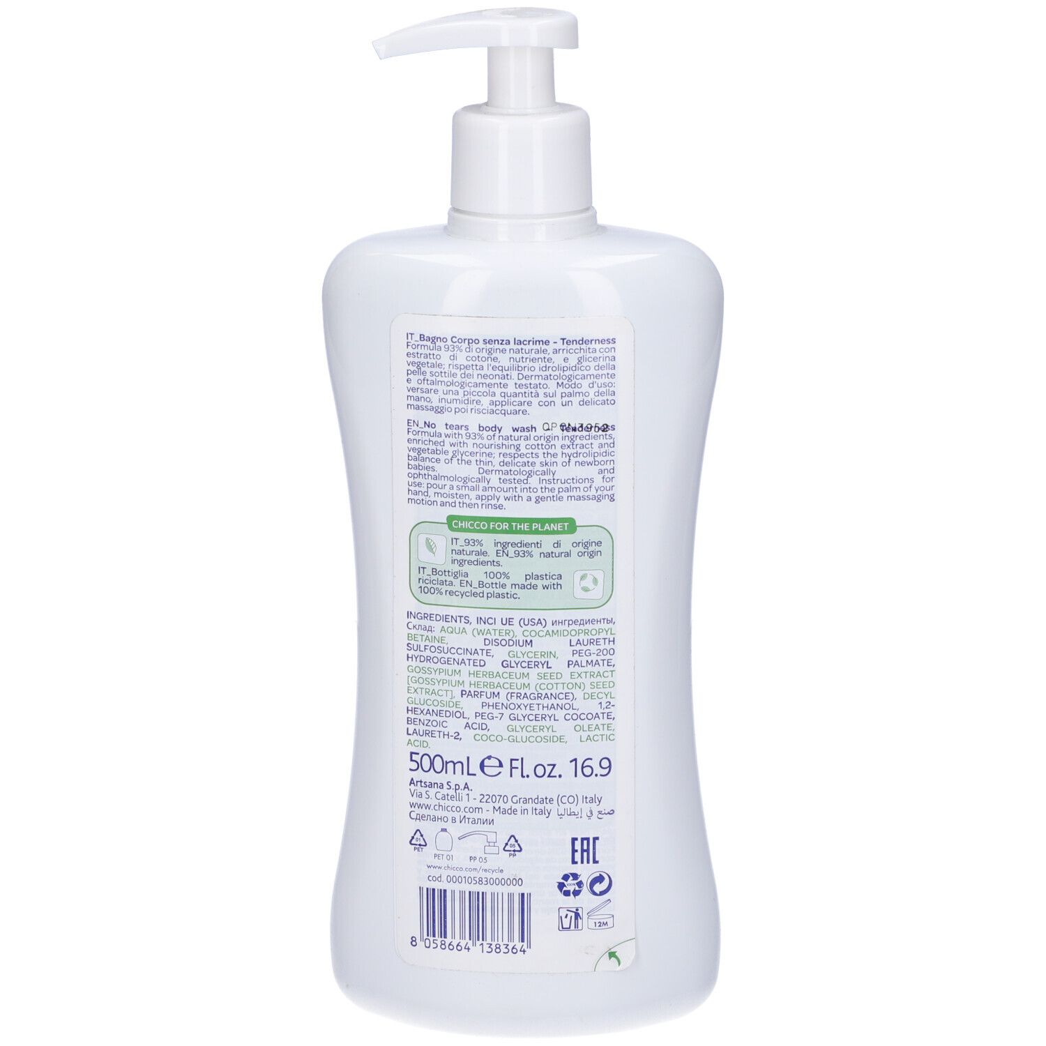 Retro del flacone bianco. Contiene informazioni sul prodotto, ingredienti e indicazioni di riciclo. 500ml.