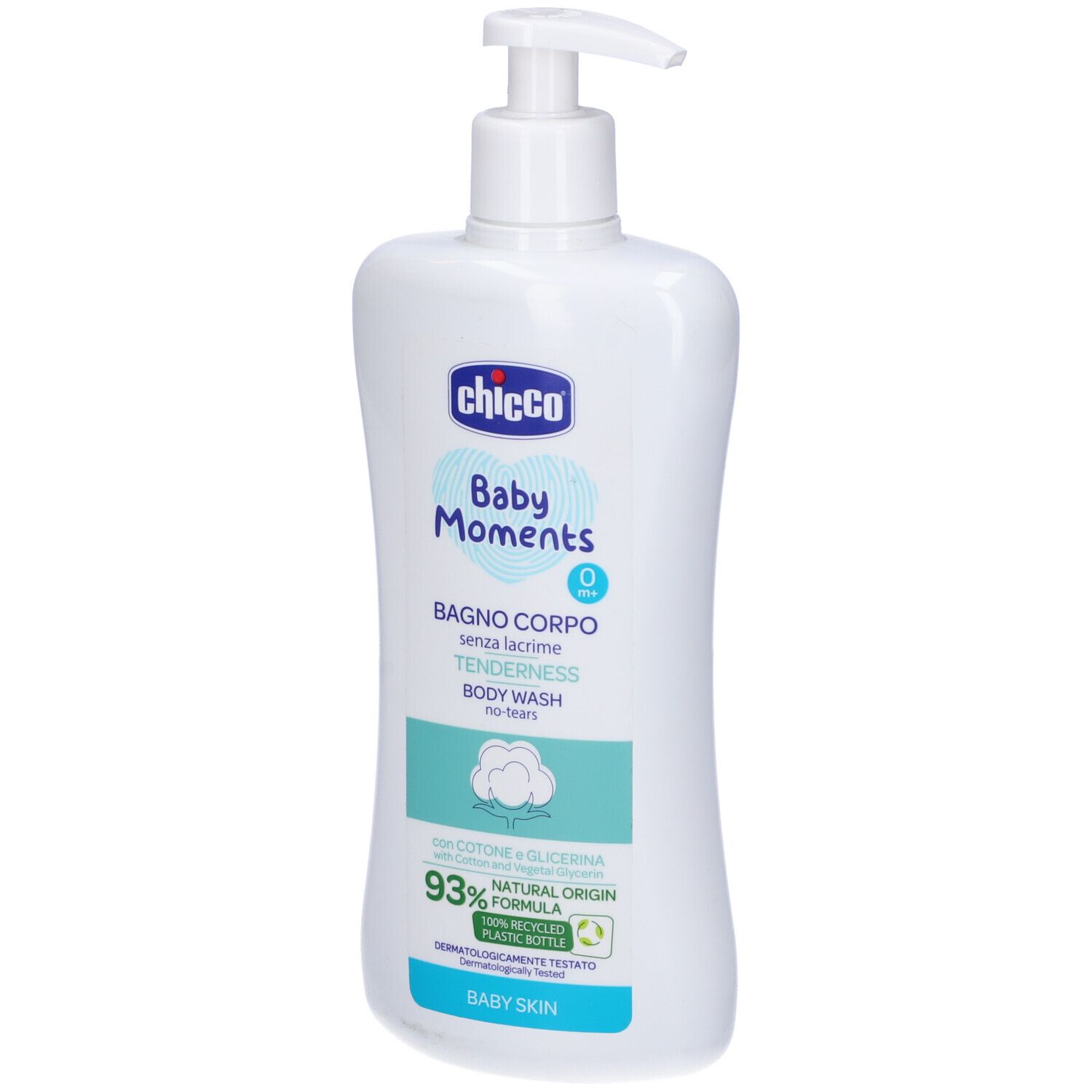 Flacone bianco con dosatore. Scritta: Chicco Baby Moments, Bagno Corpo, Tenderness, Body Wash. 93% Natural Origin.