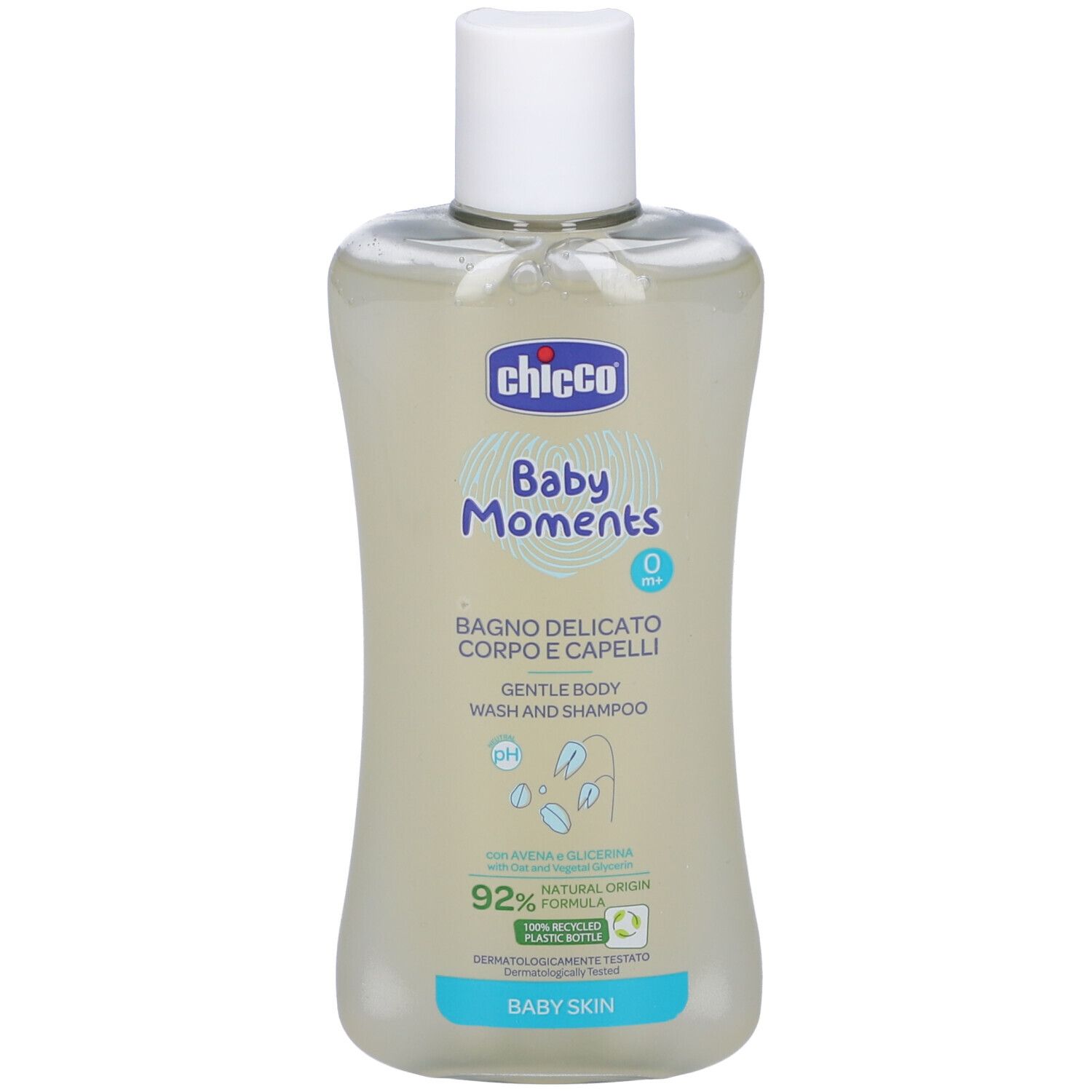 Flacone trasparente con tappo bianco. Scritta: Chicco Baby Moments, Bagno Delicato, 0+. Formula naturale al 92%.