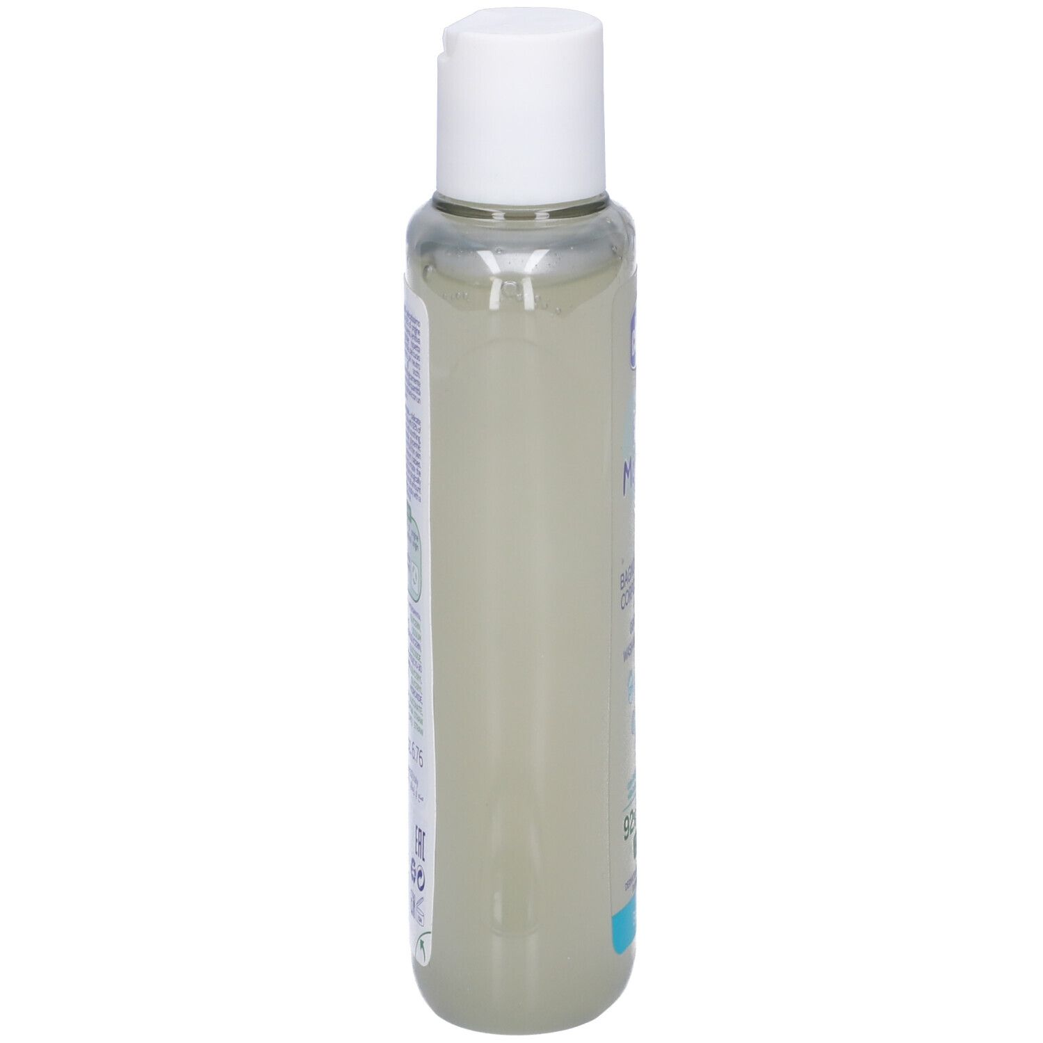 Flacone visto di lato. Tappo bianco, contenitore trasparente. Scritta: Chicco Baby Moments, Bagno Delicato, 0+.