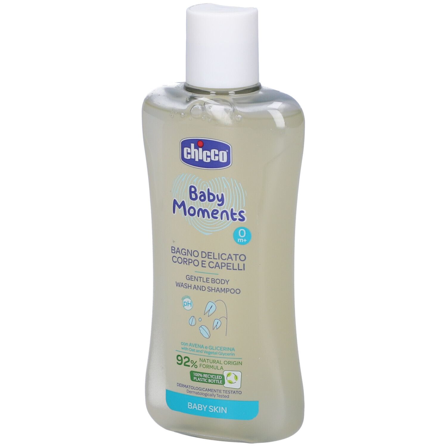 Flacone beige con tappo bianco. Scritta: Chicco Baby Moments, Bagno Delicato, 0+. Formula naturale al 92%.