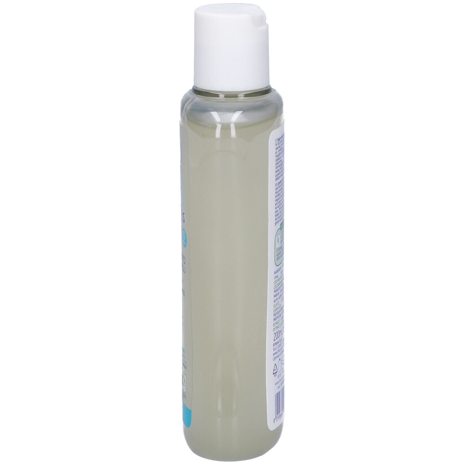 Flacone visto di lato. Tappo bianco, contenitore trasparente. Scritta: Chicco Baby Moments, Bagno Delicato, 0+.