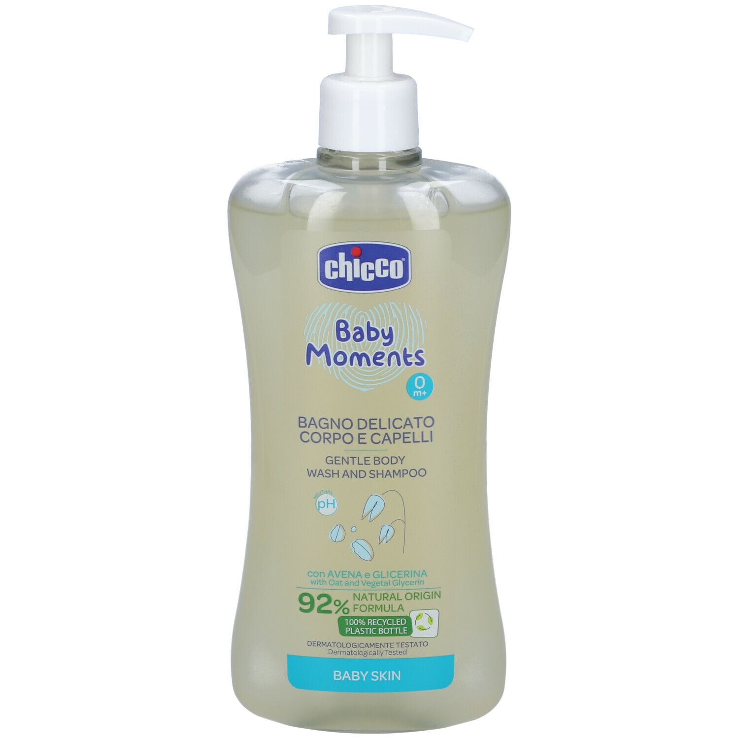 Flacone trasparente con dosatore. Scritta: Chicco Baby Moments, Bagno Delicato Corpo e Capelli. Formula naturale al 92%.