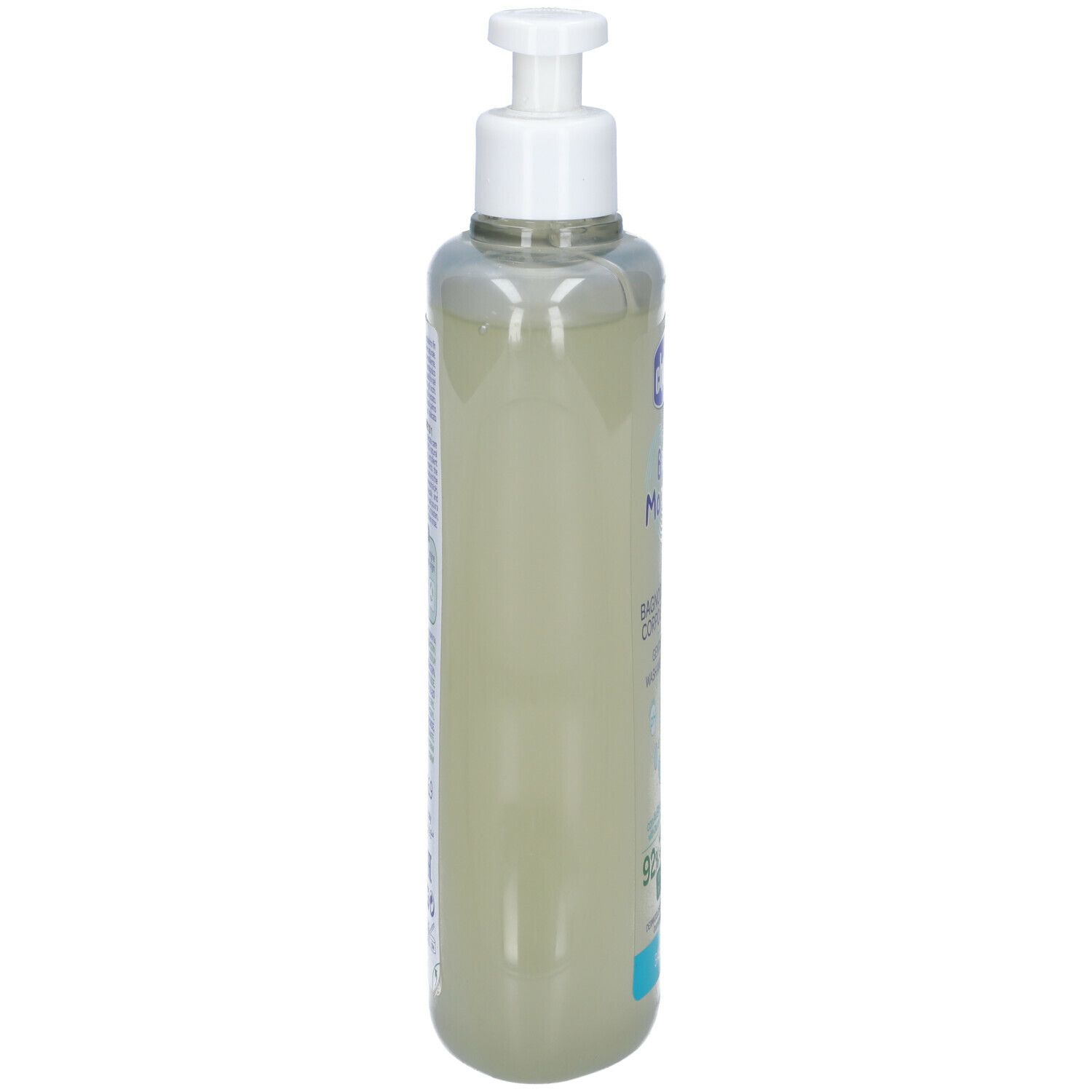 Flacone di lato. Scritta: Chicco Baby Moments, Bagno Delicato Corpo e Capelli. Formula naturale al 92%. Con dosatore.
