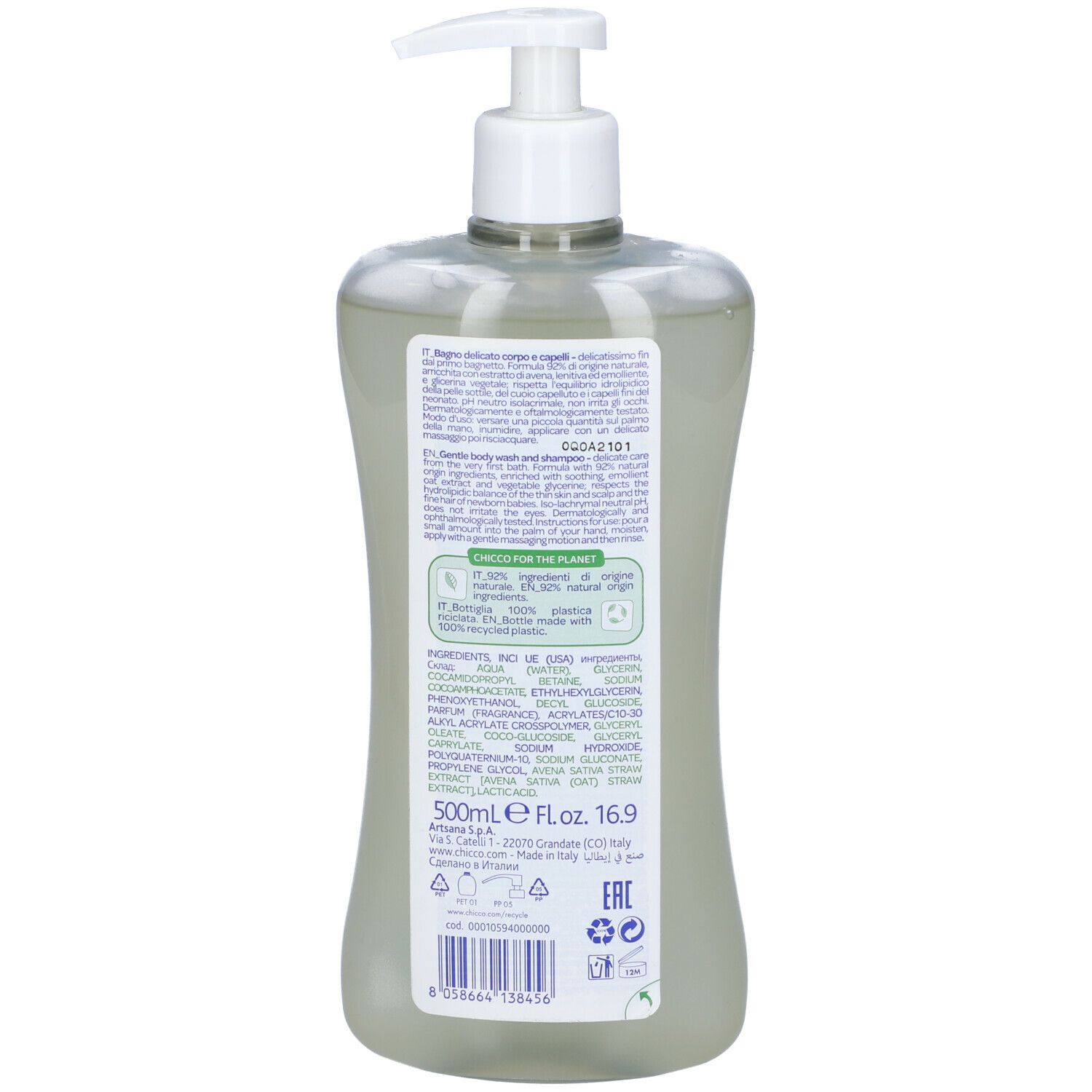 Retro del flacone. Scritta: Chicco Baby Moments, Bagno Delicato Corpo e Capelli. Ingredienti, informazioni.