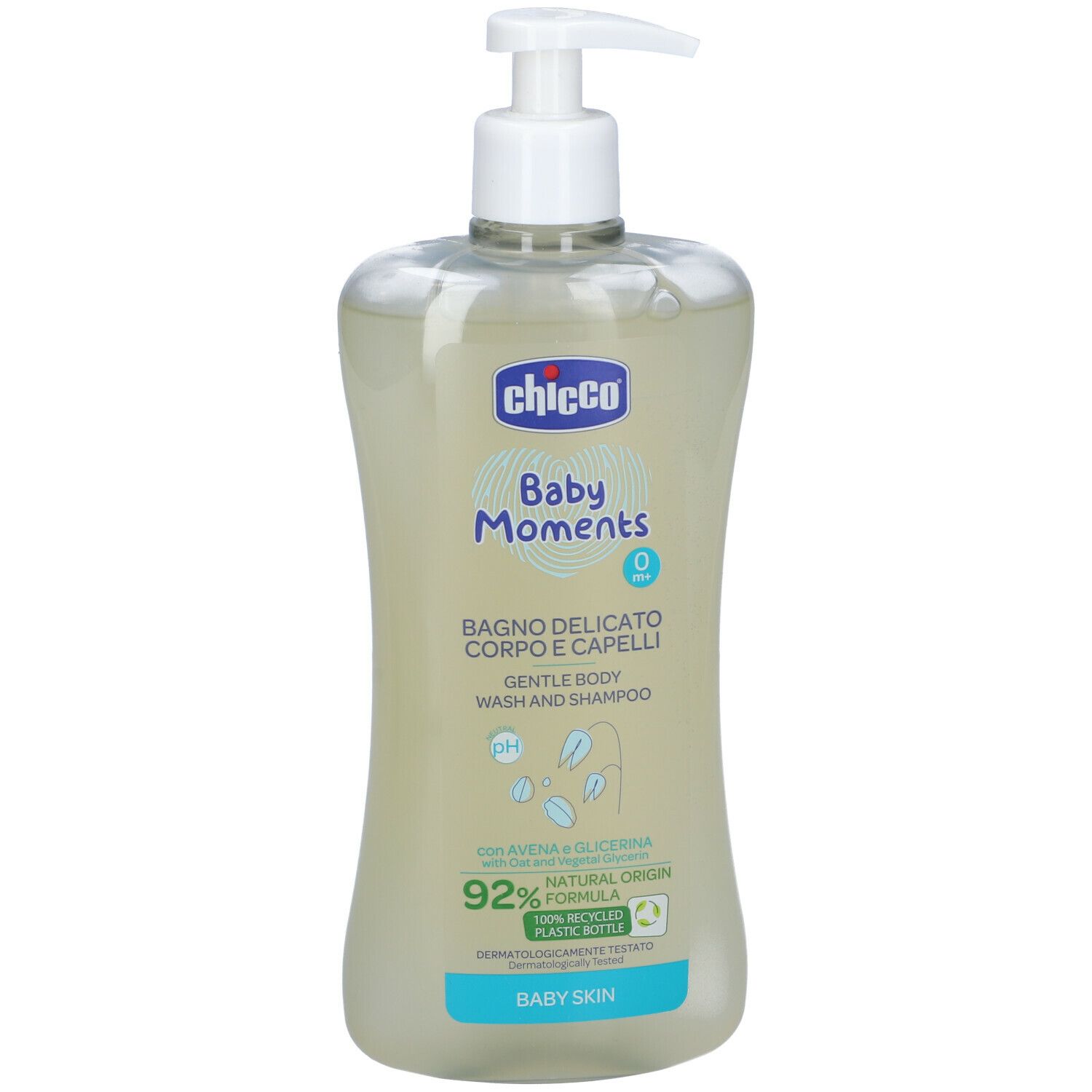 Flacone trasparente con dosatore. Scritta: Chicco Baby Moments, Bagno Delicato Corpo e Capelli. Formula naturale al 92%.