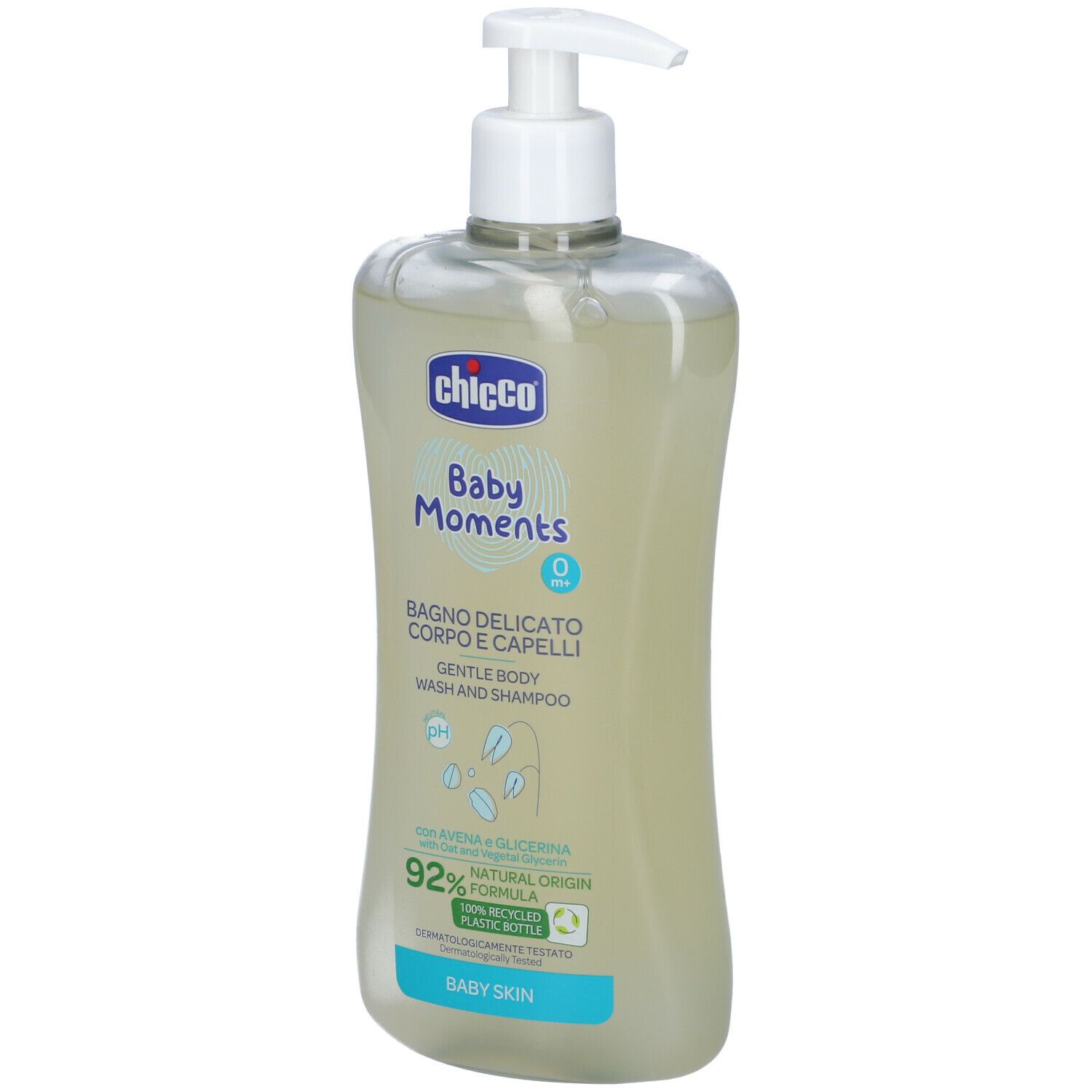 Flacone con dosatore. Scritta: Chicco Baby Moments, Bagno Delicato Corpo e Capelli. Formula naturale al 92%.