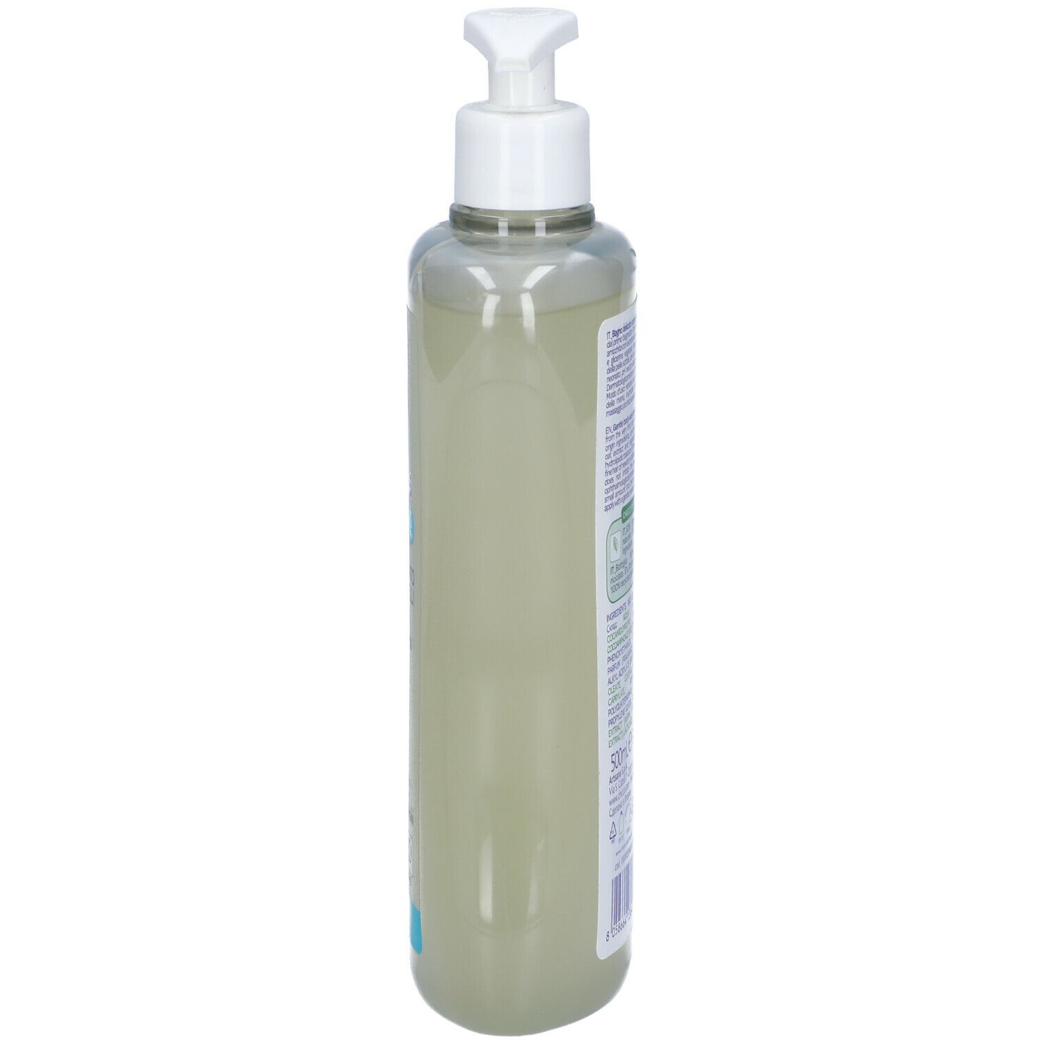 Flacone di lato. Scritta: Chicco Baby Moments, Bagno Delicato Corpo e Capelli. Con dosatore.