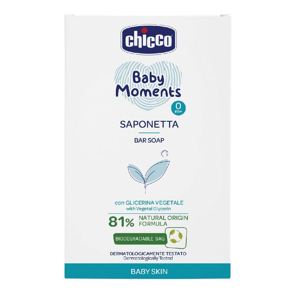 Confezione Chicco Baby Moments Saponetta. Scatola bianca con nome prodotto, logo e informazioni. Formula naturale all'81%.