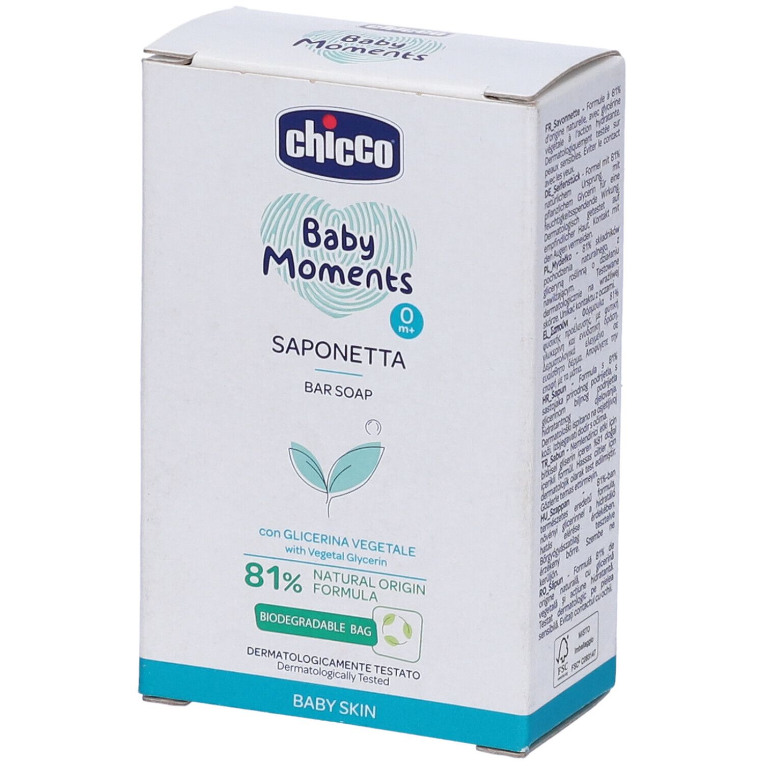 Confezione aperta Chicco Baby Moments Saponetta. Scatola bianca con nome prodotto, logo e informazioni. Vista laterale.