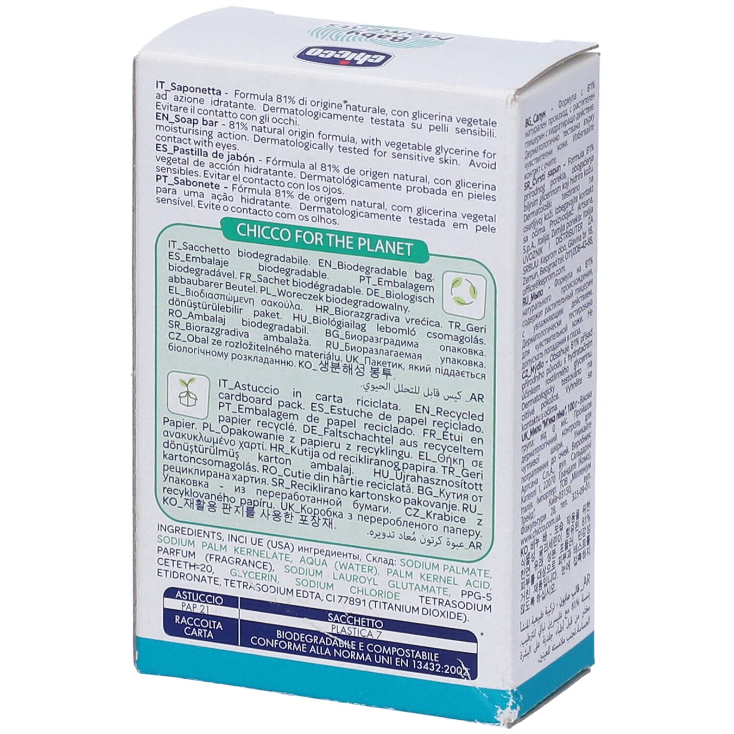 Retro confezione Chicco Baby Moments Saponetta. Scatola bianca con testo multilingue e informazioni sugli ingredienti.