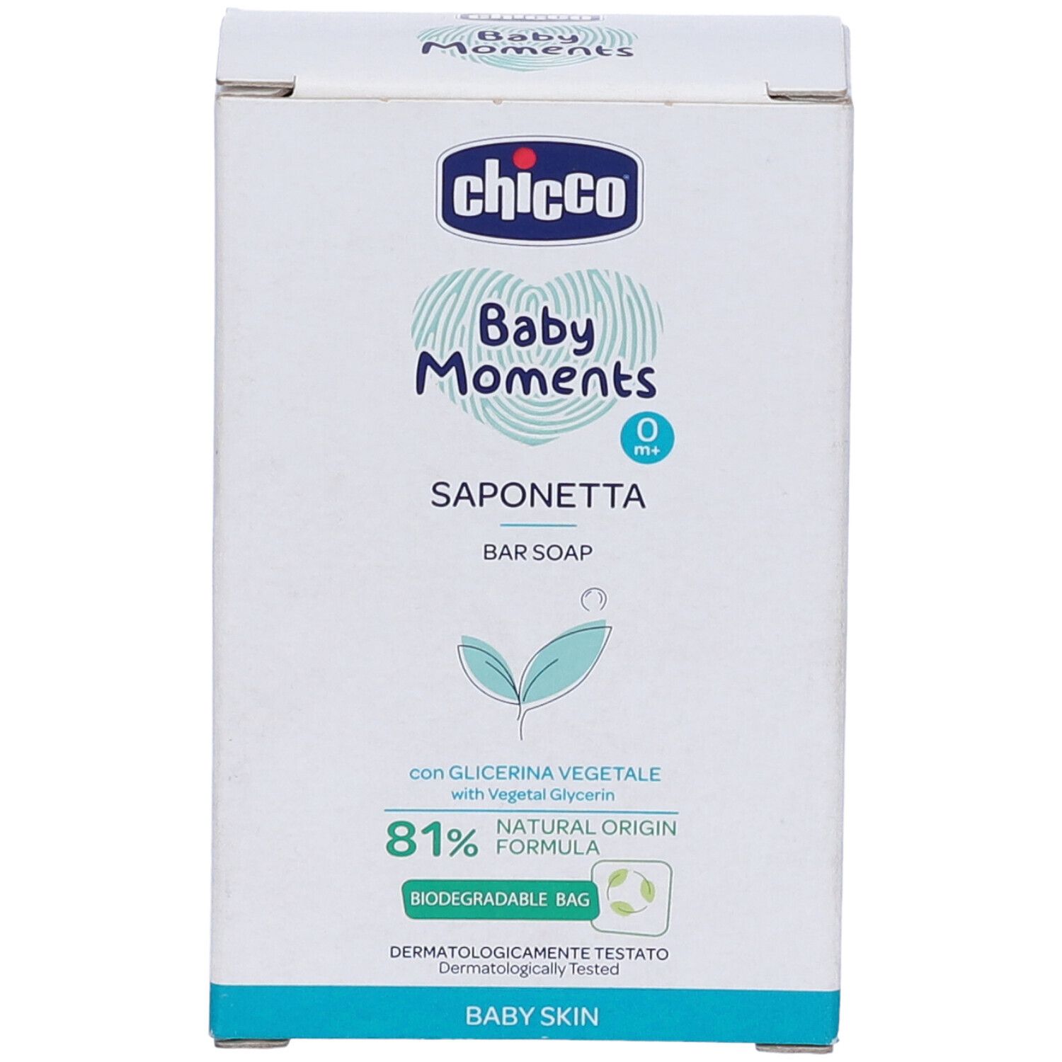 Confezione Chicco Baby Moments Saponetta. Scatola bianca con nome prodotto, logo e informazioni. Formula naturale all'81%.
