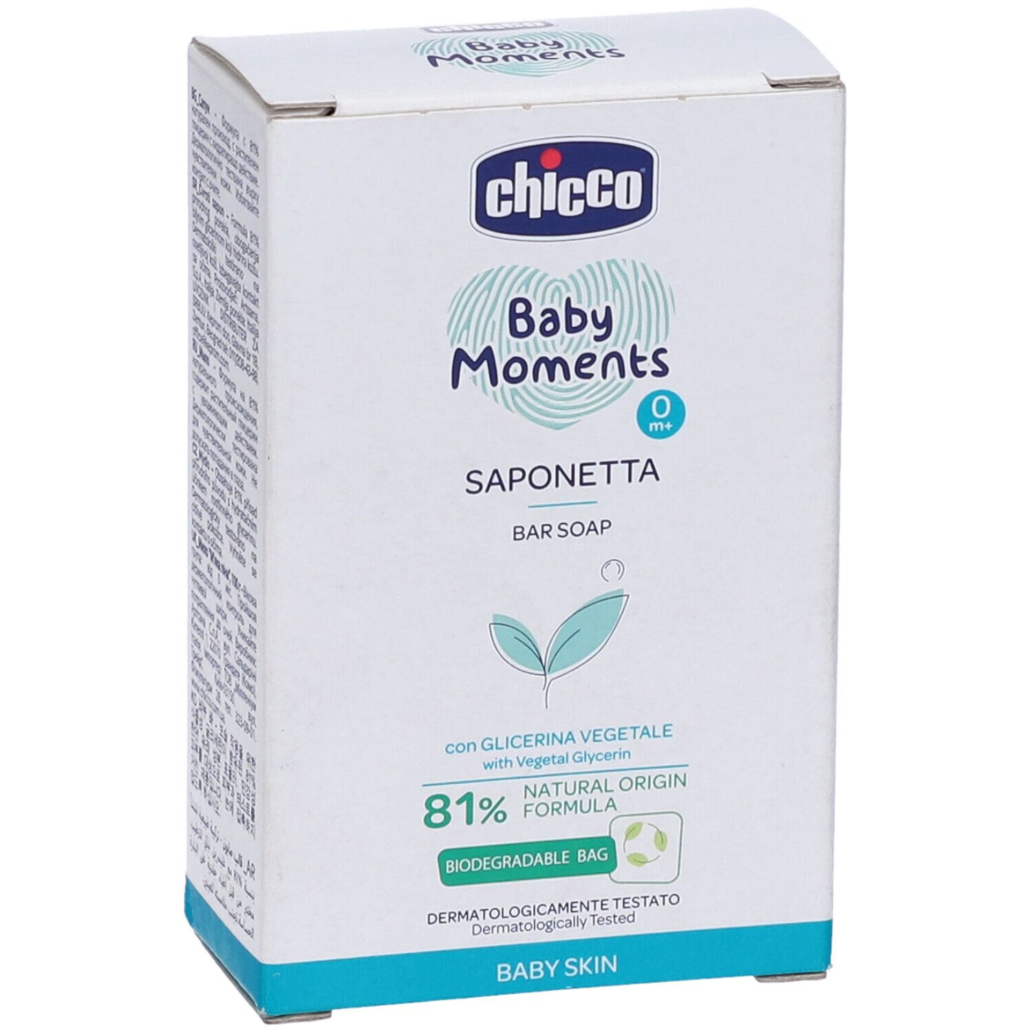 Confezione aperta Chicco Baby Moments Saponetta. Scatola bianca con nome prodotto, logo e informazioni. Vista laterale.