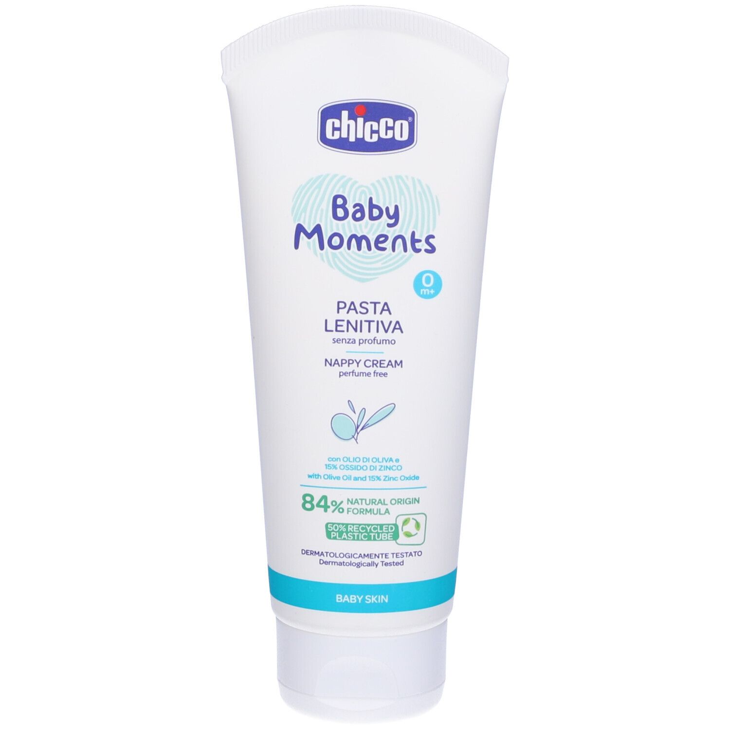 Tubo bianco con testo blu. Scritto: Chicco Baby Moments Pasta Lenitiva, Nappy Cream, senza profumo. 84% origine naturale.
