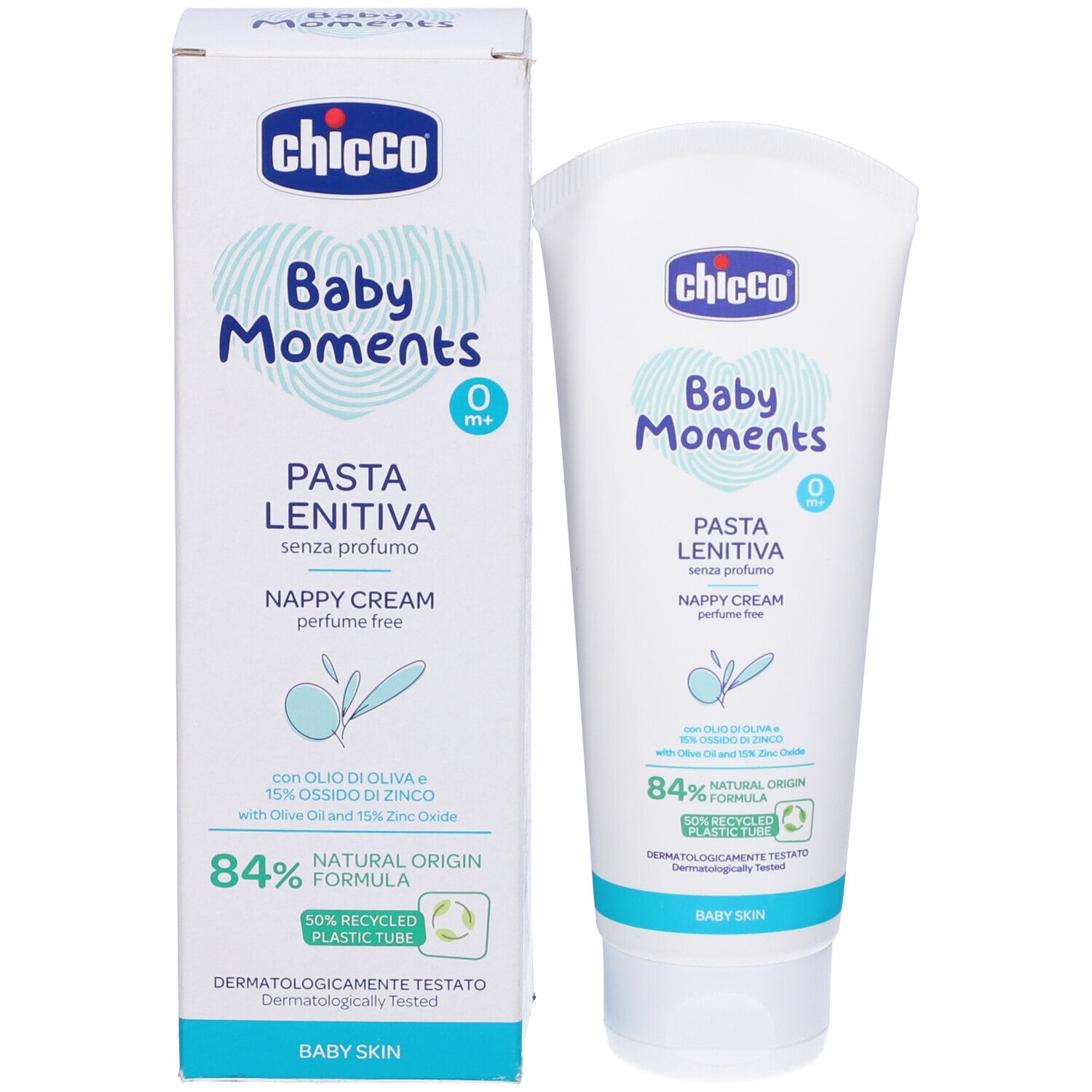 Confezione e tubo del prodotto. Scritto: Chicco Baby Moments Pasta Lenitiva, Nappy Cream, senza profumo. 84% origine naturale.