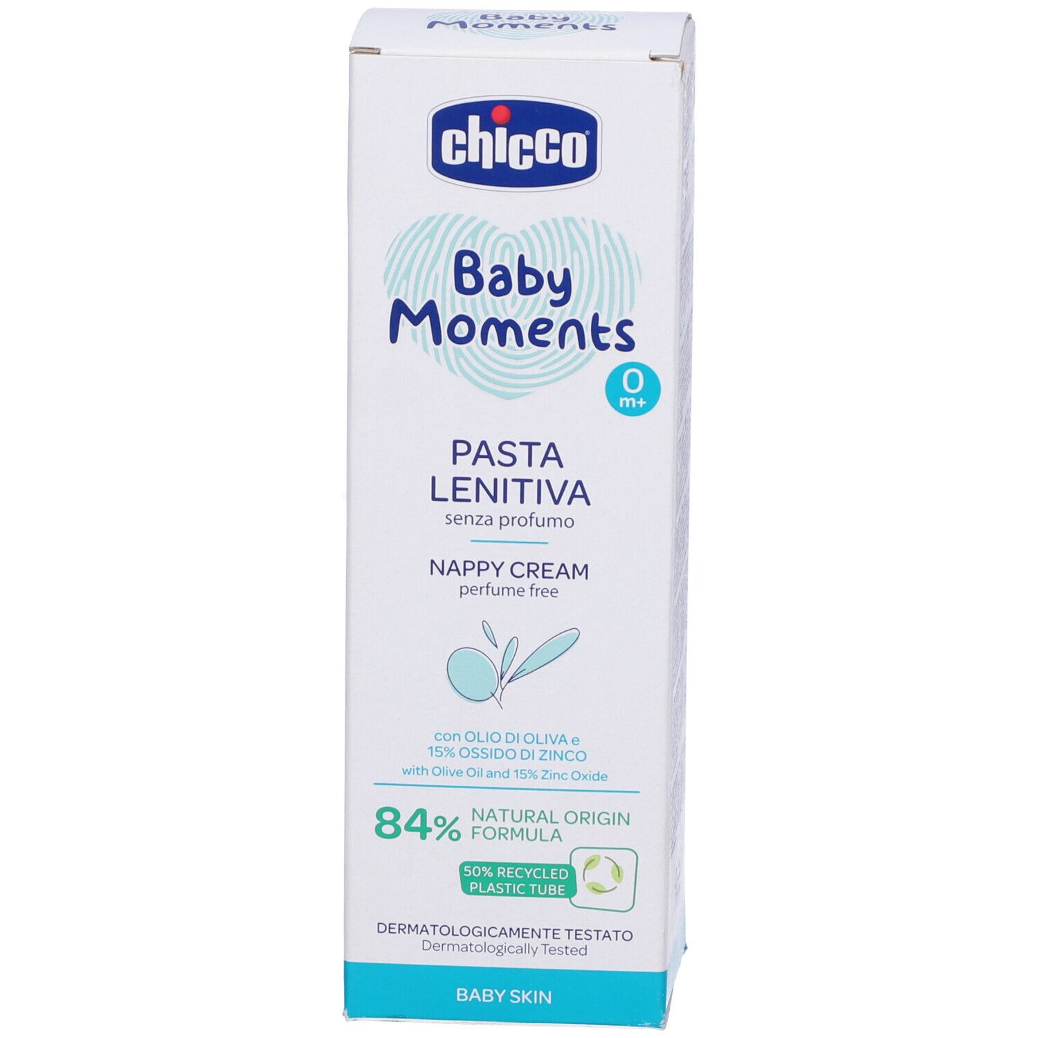 Confezione del prodotto. Scritto: Chicco Baby Moments Pasta Lenitiva, Nappy Cream, senza profumo. 84% origine naturale.