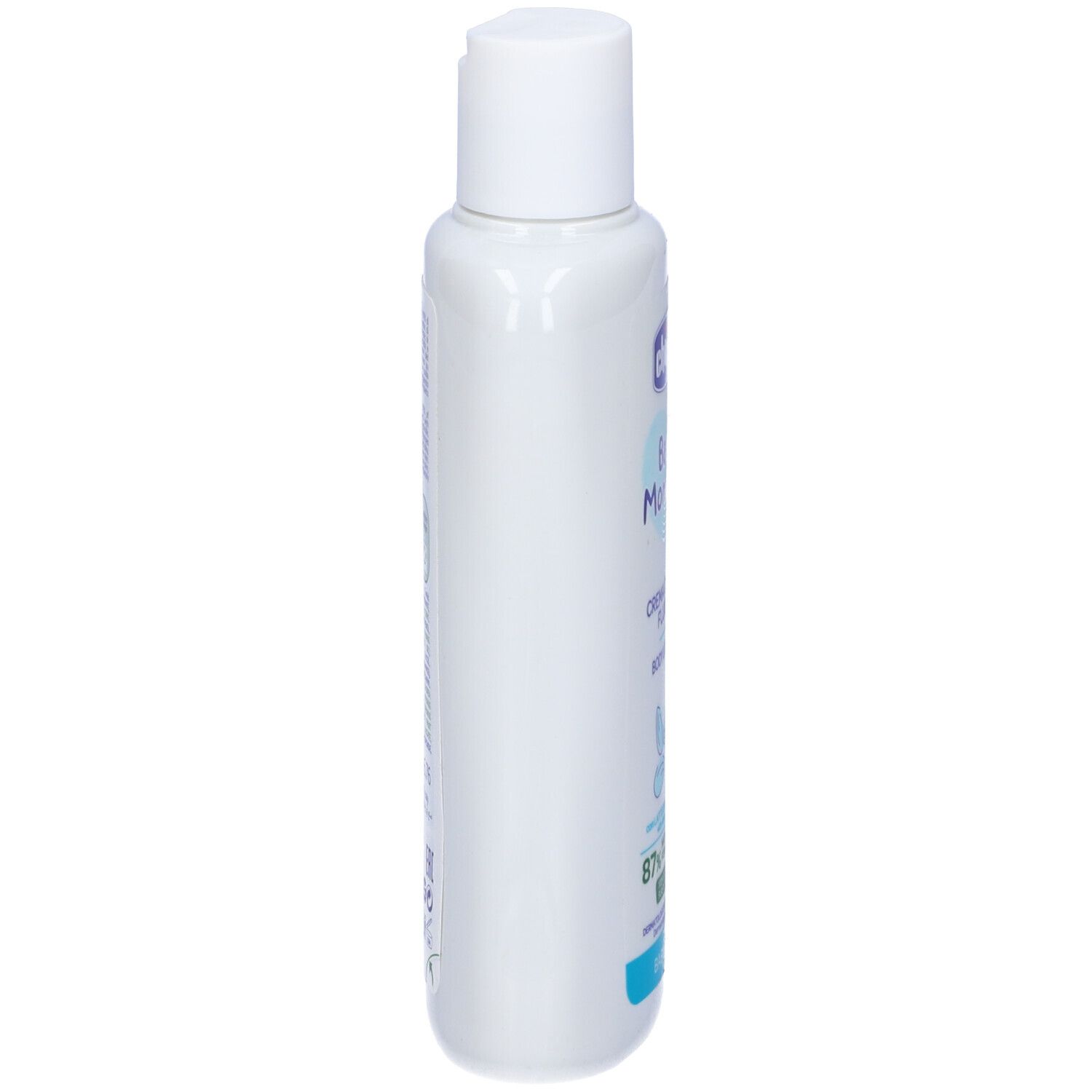 Flacone bianco, vista laterale. Scritta: Chicco Baby Moments, Crema Corpo Fluida, Body Lotion. Con latte di mandorla.