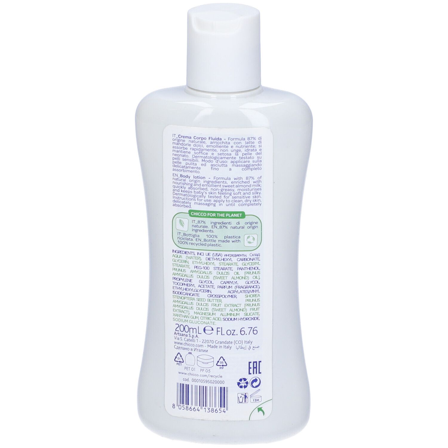 Retro del flacone bianco. Scritta: ingredienti, informazioni produttore, logo riciclo. 200ml.
