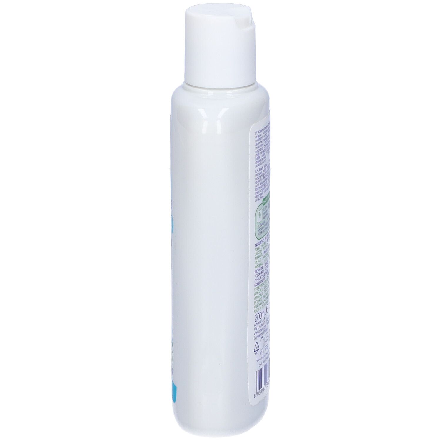 Flacone bianco, vista laterale. Scritta: ingredienti, informazioni produttore, logo riciclo. 200ml.