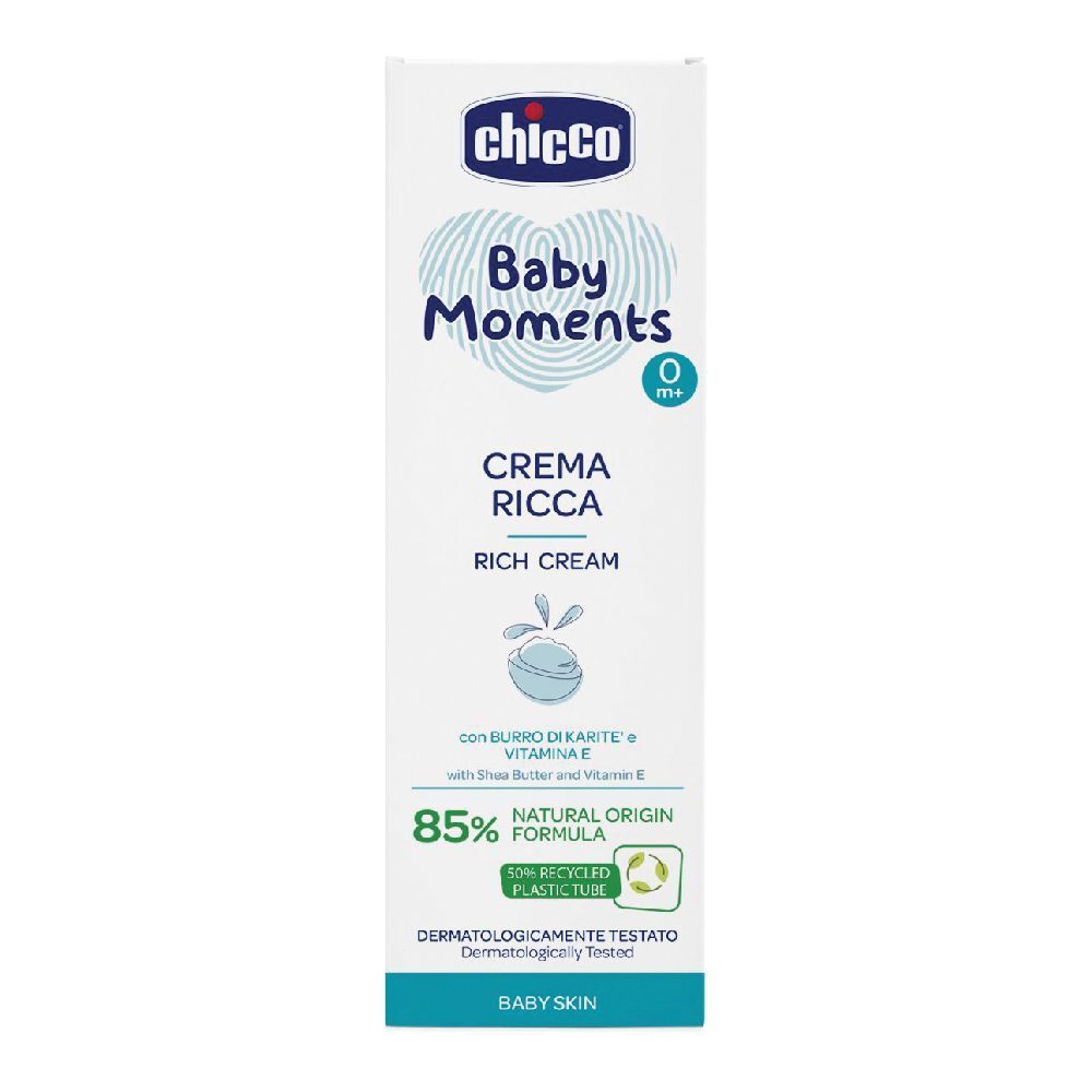 Confezione con logo "chicco", "Baby Moments", "CREMA RICCA". Contiene 85% ingredienti naturali. Per la pelle del bambino.