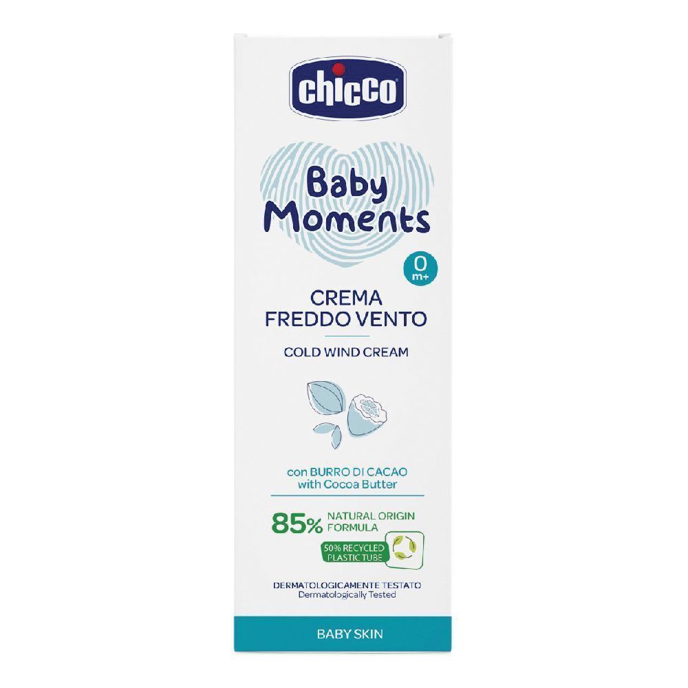 Confezione di crema Chicco Baby Moments. Bianca con testo blu. Contiene nome del prodotto e loghi.