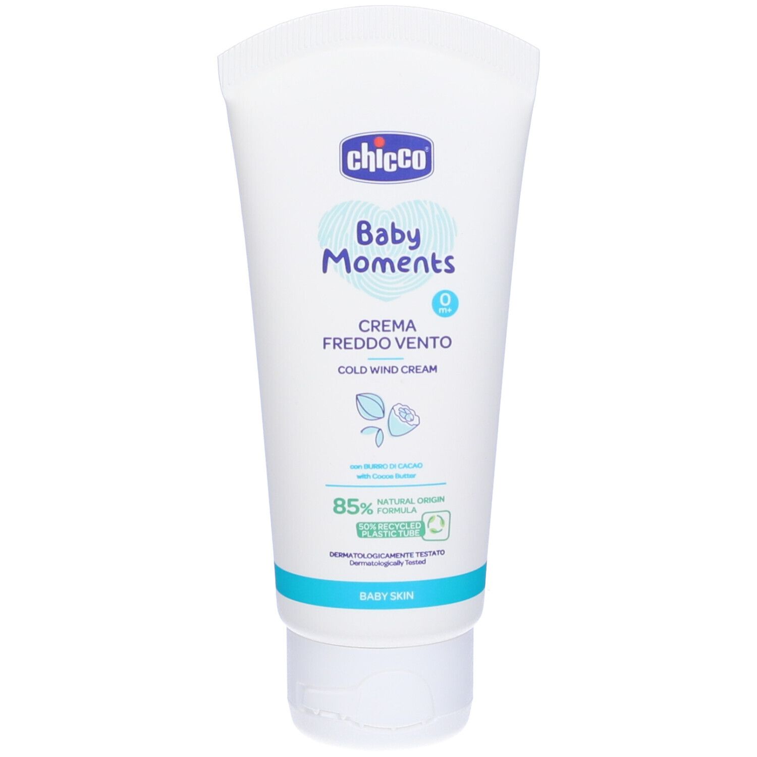 Tubo bianco di crema Chicco Baby Moments. Contiene nome del prodotto e loghi. Tappo blu.