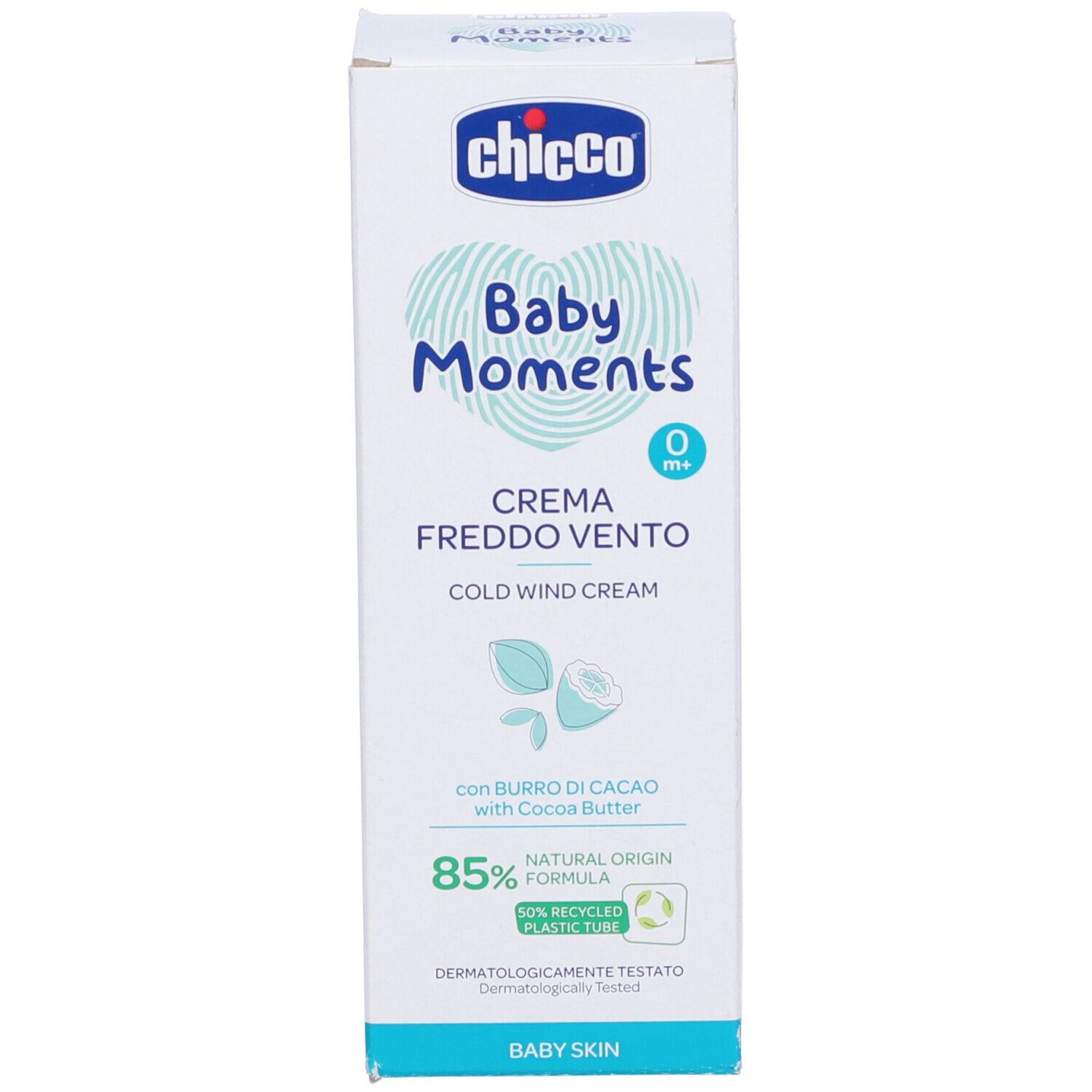 Confezione di crema Chicco Baby Moments. Bianco con testo blu. Nomi dei prodotti e loghi.