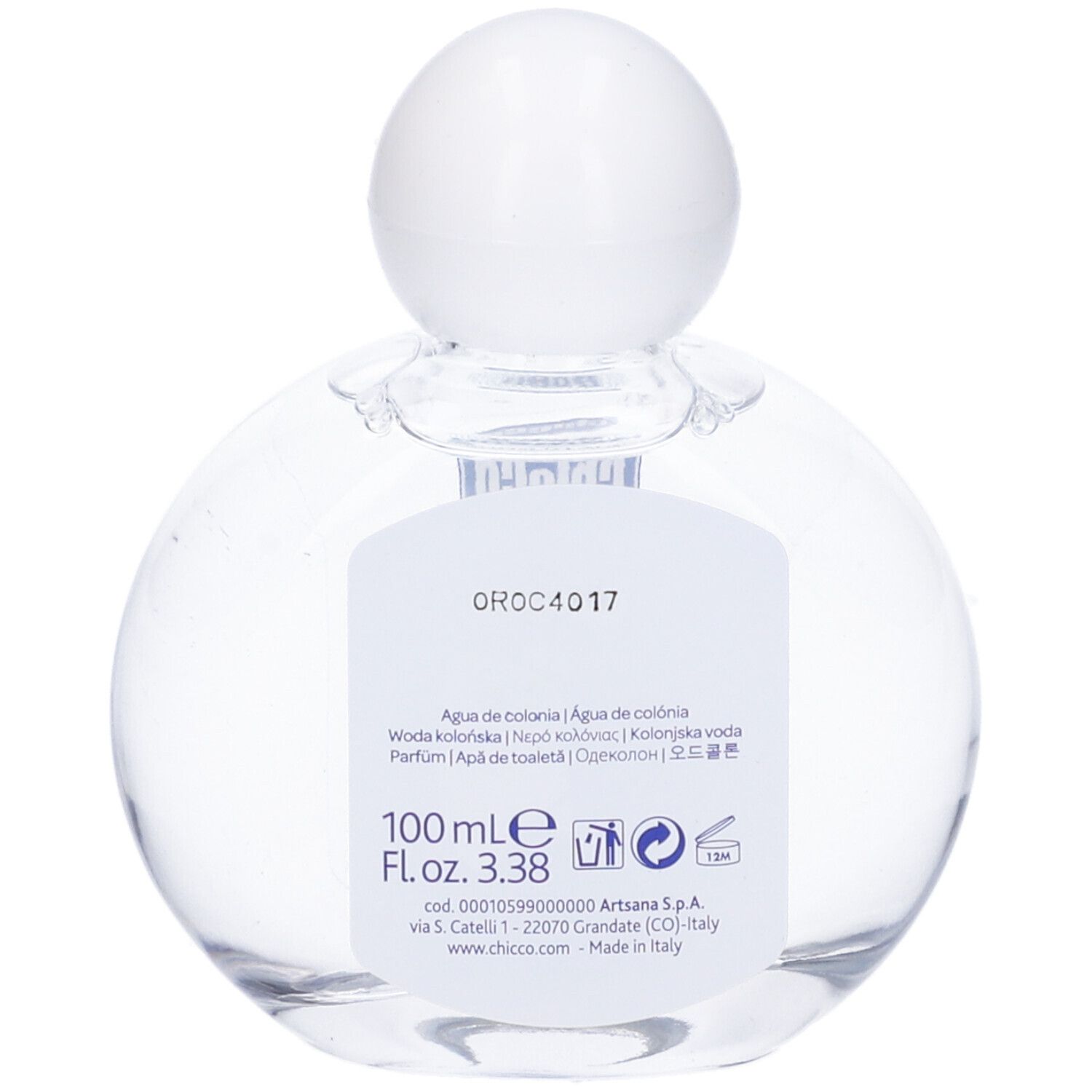 Retro del flacone in vetro. Scritte: informazioni prodotto, 100 ml, ingredienti, indirizzo produttore, simboli riciclo.